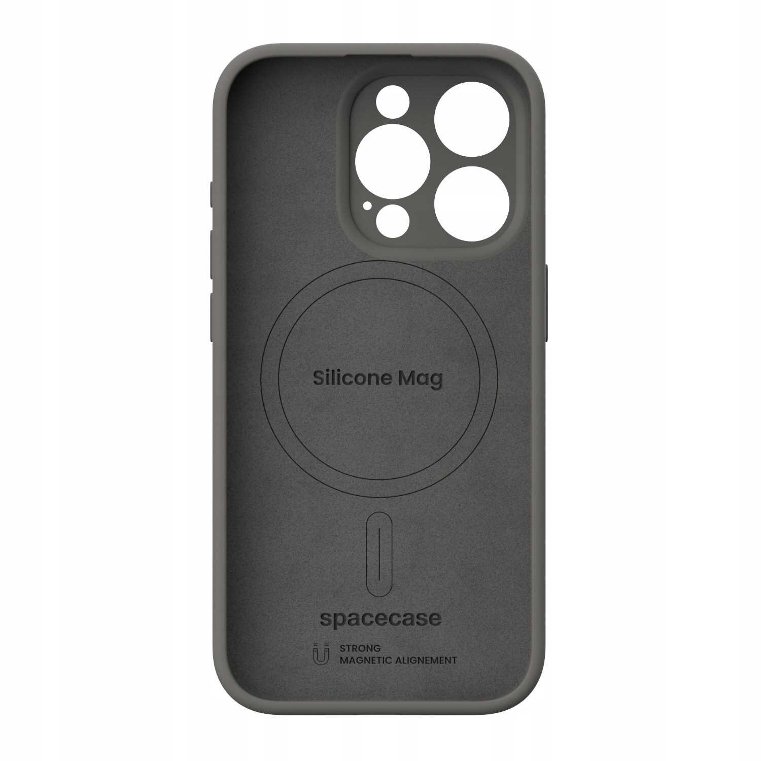 Szare silikonowe etui z wycięciami na aparat i napisem \'Silicone Mag\' oraz \'spacecase\'. Widoczny jest również symbol magnetyczny i napis \'STRONG MAGNETIC ALIGNMENT\'.