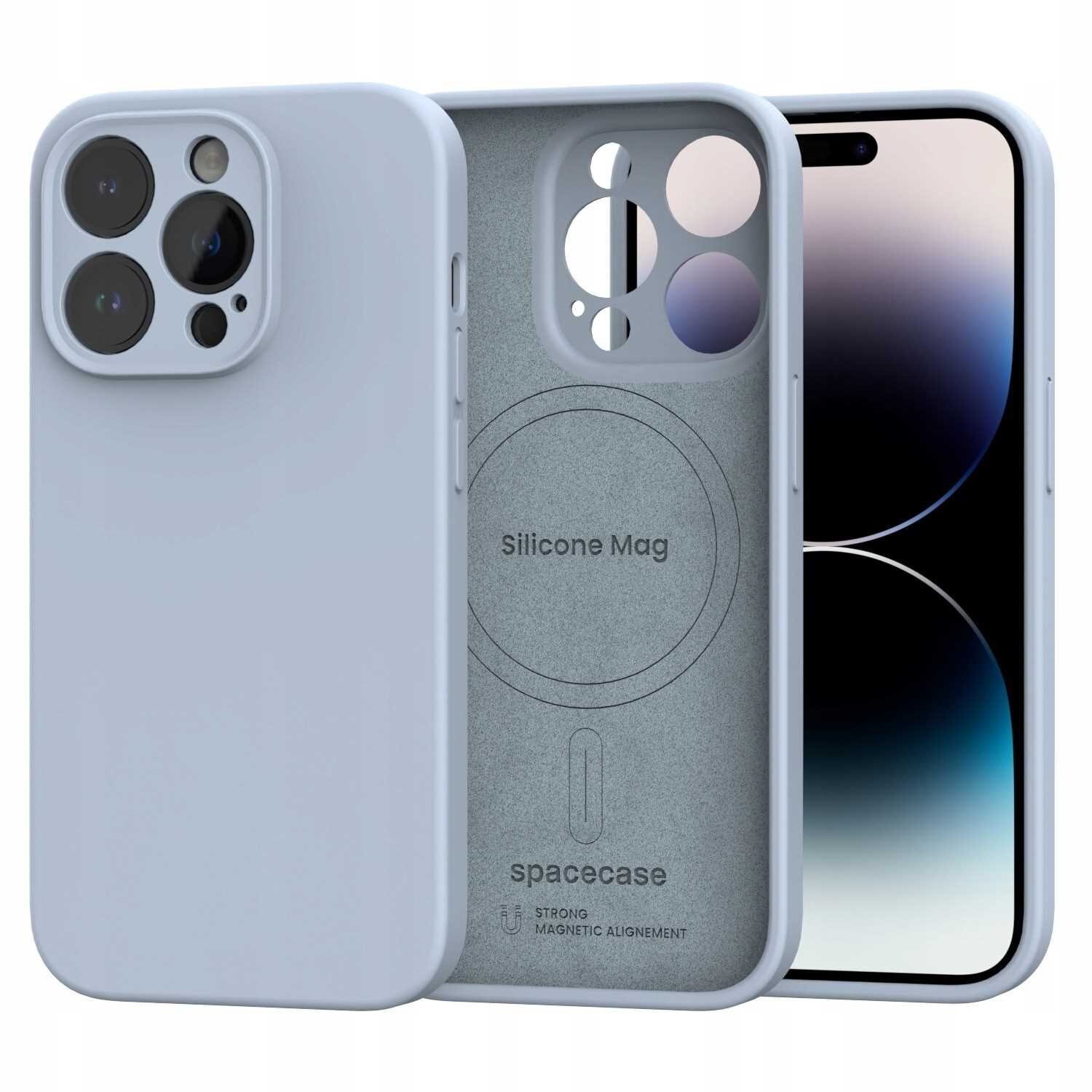 Na obrazie widoczne jest silikonowe etui magnetyczne w kolorze niebieskim, przeznaczone do iPhone 14 Pro. Na wewnętrznej stronie etui znajduje się napis \'Silicone Mag\' oraz \'spacecase\' z symbolem magnetycznym i tekstem \'STRONG MAGNETIC ALIGNMENT\'.