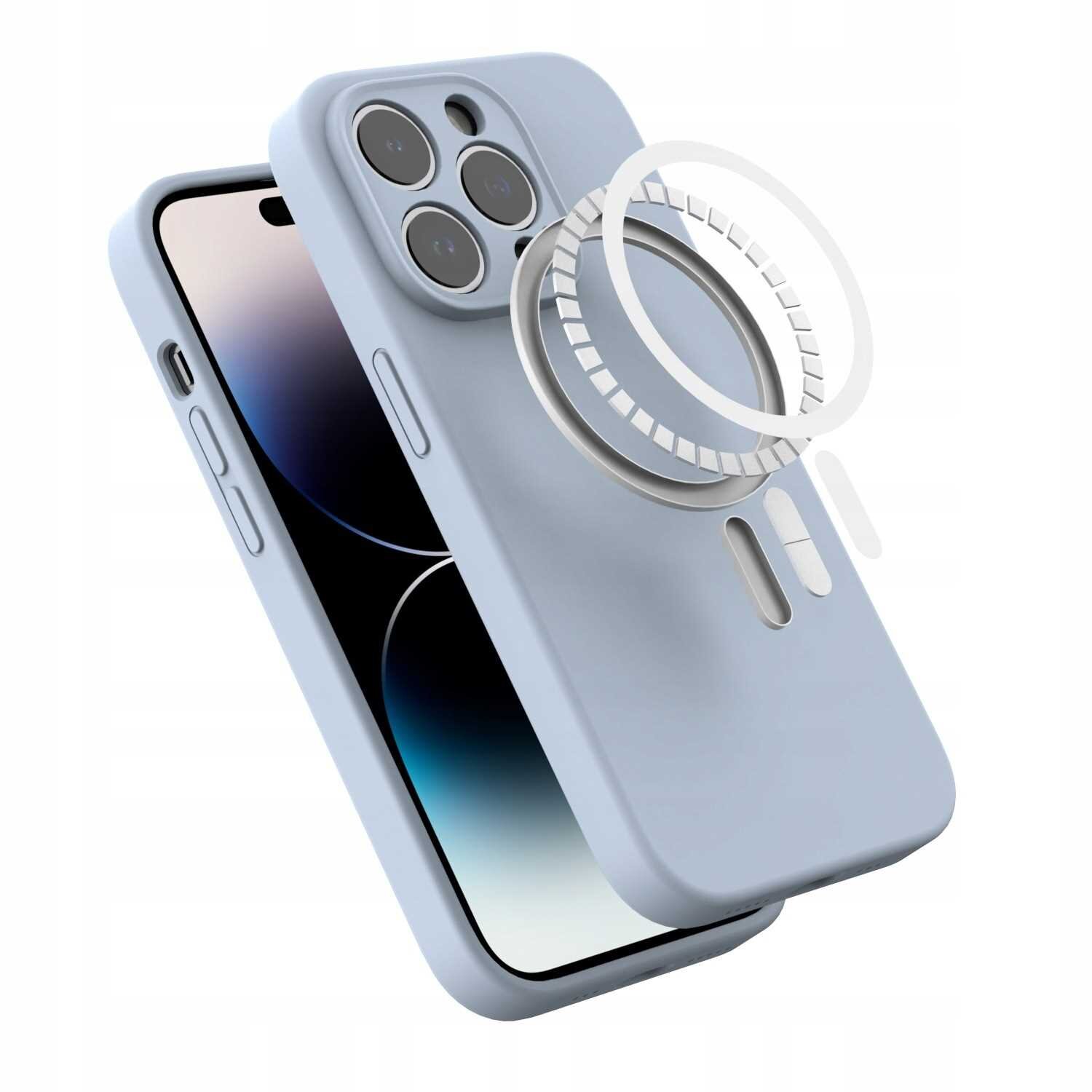 Niebieskie silikonowe etui magnetyczne z MagSafe do iPhone 14 Pro, z widocznymi wycięciami na aparat i przyciski. Obok etui znajduje się schematyczne przedstawienie pierścienia magnetycznego.