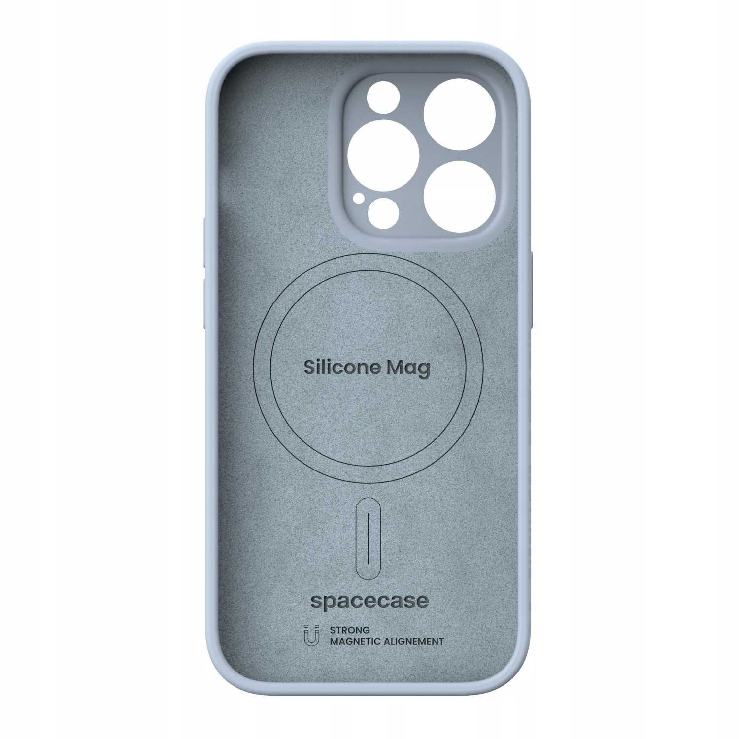 Silikonowe etui magnetyczne w kolorze niebieskim z wycięciami na aparat i napisem \'Silicone Mag\' oraz \'spacecase\'.