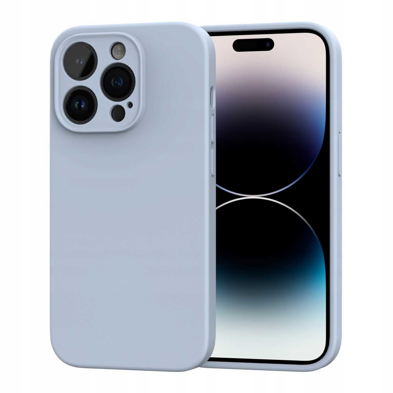 Na obrazie widoczne jest niebieskie silikonowe etui na telefon z trzema otworami na aparaty fotograficzne. Telefon w etui ma wyświetlacz z ciemnym tłem i jasnymi okręgami.