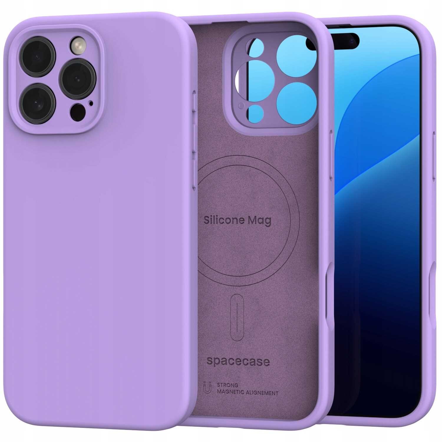 Fioletowe silikonowe etui magnetyczne z widocznym napisem \'Silicone Mag\' oraz \'spacecase\'. Etui jest przeznaczone do telefonu z trzema aparatami i wycięciem na ekran.