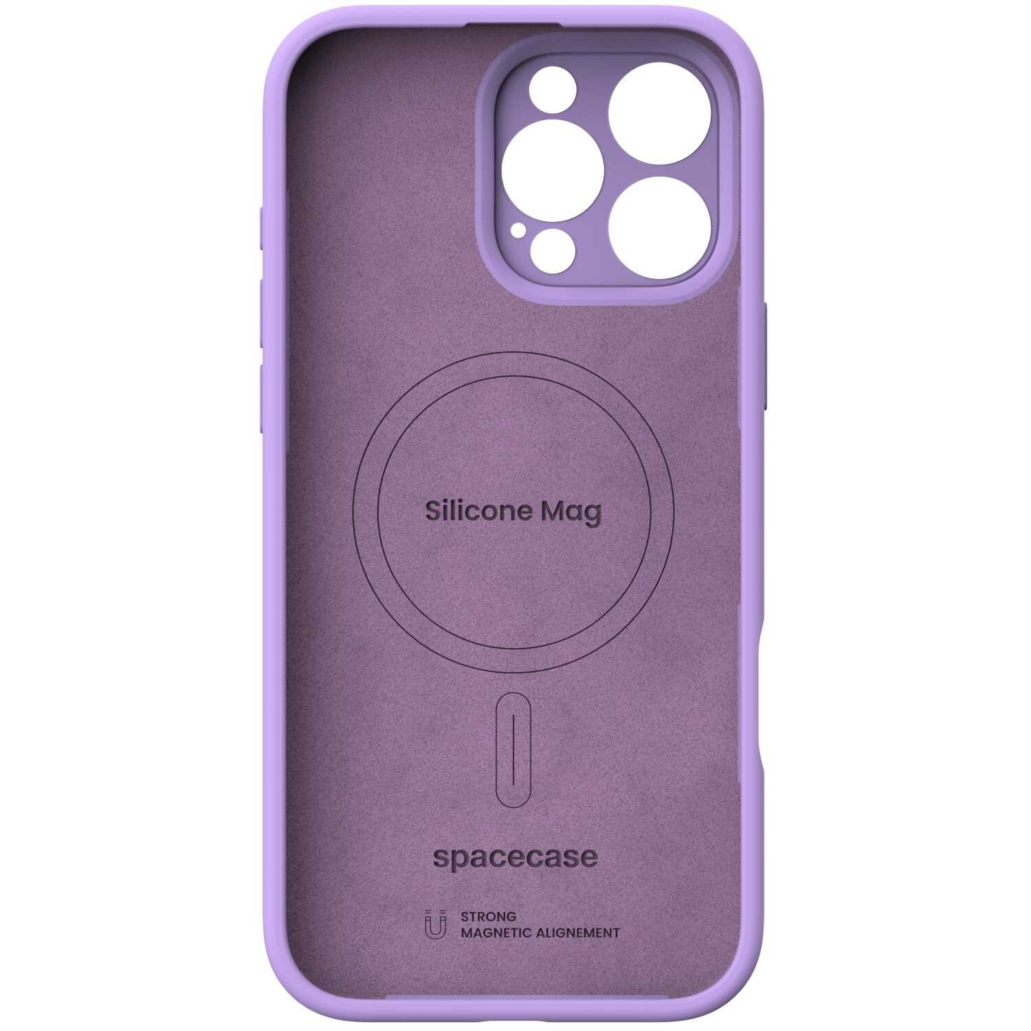 Fioletowe silikonowe etui z okrągłym wycięciem na aparat i napisem \'Silicone Mag\' oraz \'spacecase\'.