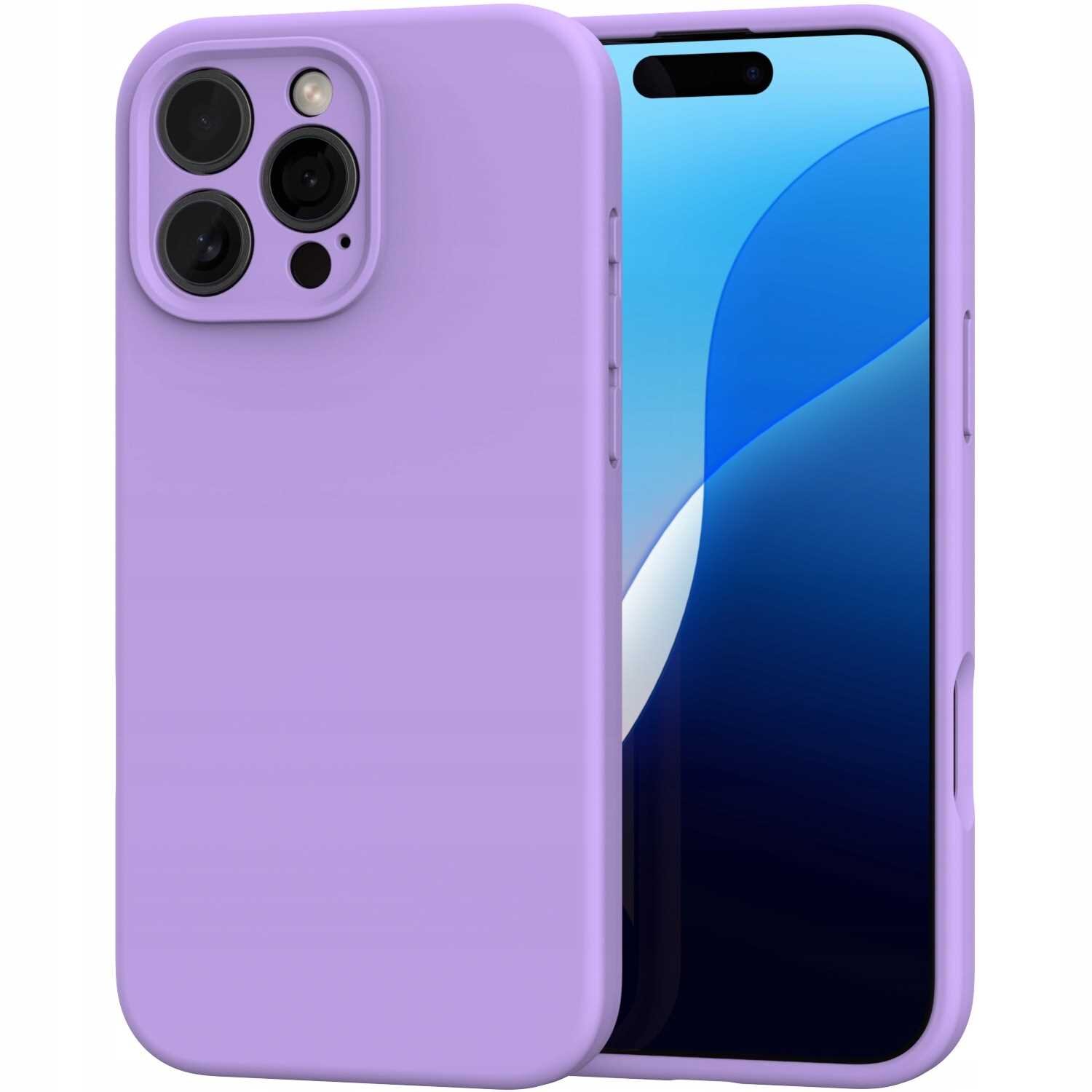 Fioletowe silikonowe etui na telefon z trzema widocznymi aparatami i przyciskami bocznymi. Na ekranie telefonu widoczna jest abstrakcyjna grafika w odcieniach niebieskiego.