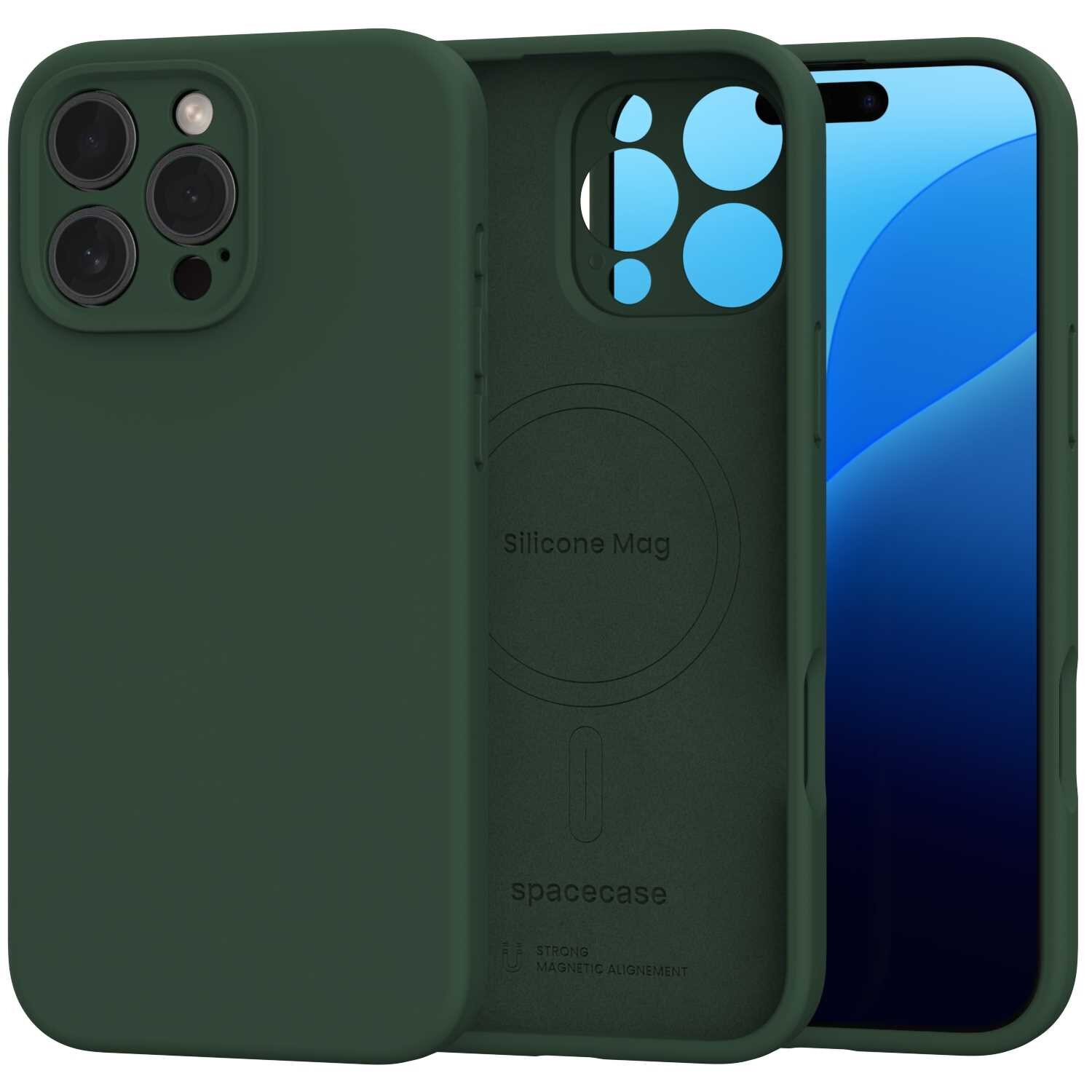 Zielone silikonowe etui z wycięciami na aparat i logo \'Silicone Mag\' oraz \'spacecase\' na wewnętrznej stronie. Etui jest przeznaczone do iPhone 16 Pro Max i posiada funkcję MagSafe.