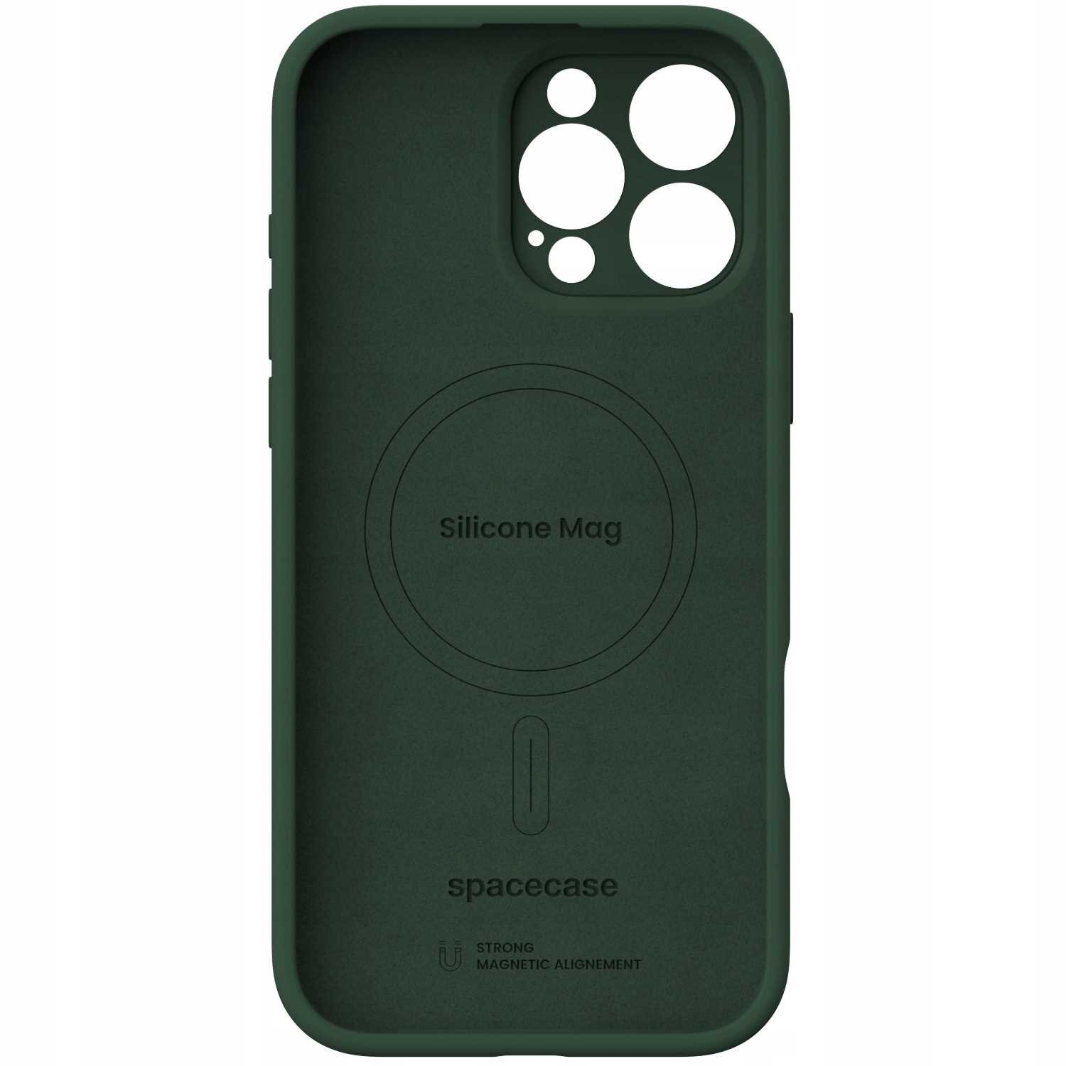 Zielone silikonowe etui z wycięciami na aparat i napisem \'Silicone Mag\' oraz \'spacecase\'. Widoczne jest także logo \'STRONG MAGNETIC ALIGNMENT\'.