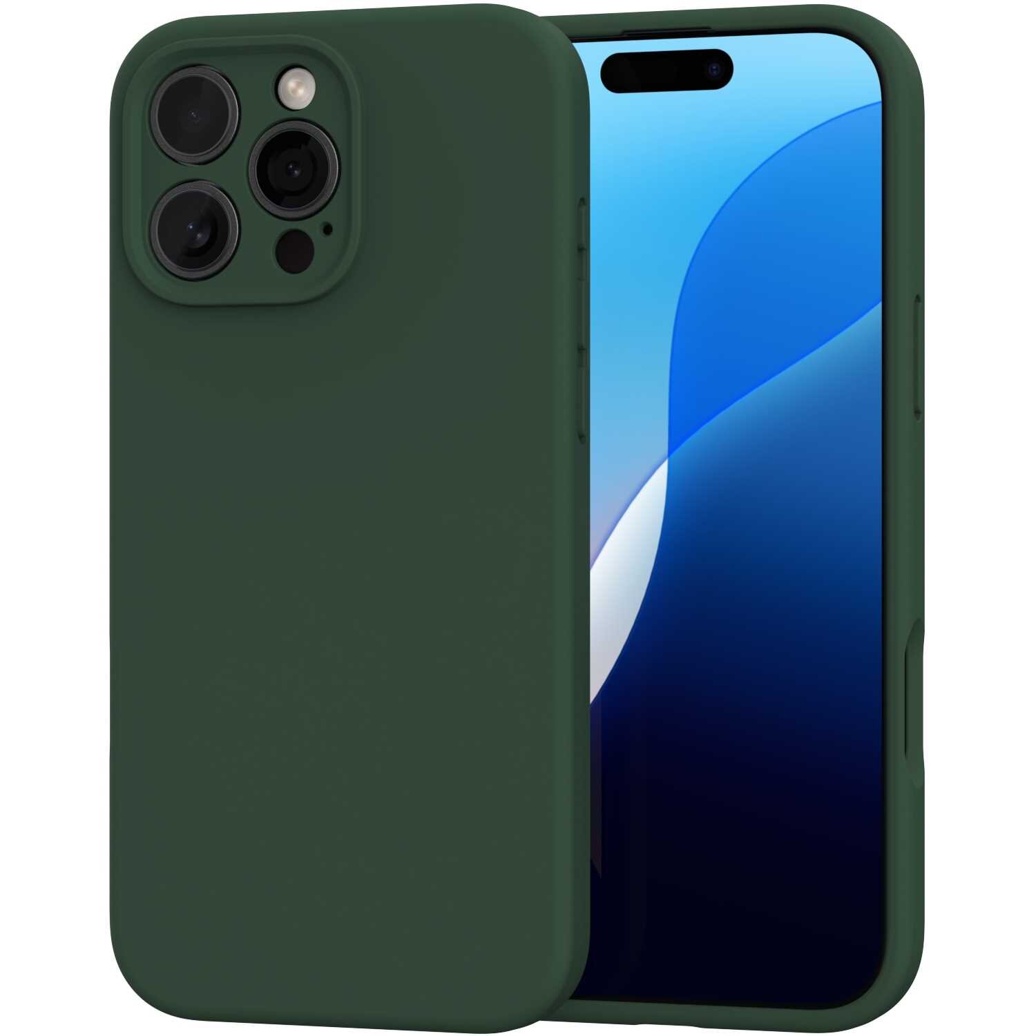 Zielone silikonowe etui na telefon z trzema widocznymi obiektywami aparatu i wycięciem na ekran. Etui ma gładką powierzchnię i jest dopasowane do kształtu telefonu.