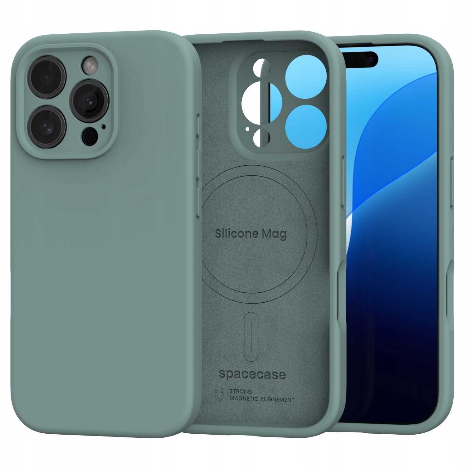 Zielone silikonowe etui magnetyczne z wycięciami na aparat i ekran, z napisem \'Silicone Mag\' oraz logo \'spacecase\'.