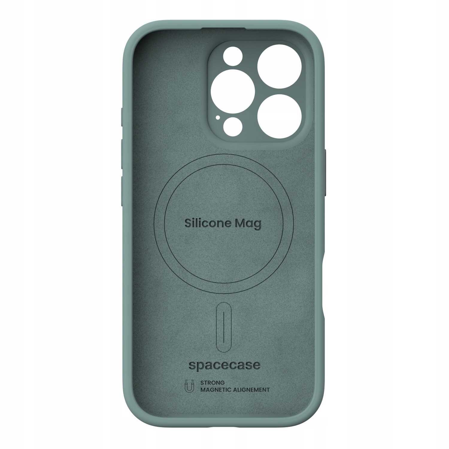 Zielone silikonowe etui z otworami na aparat i napisem \'Silicone Mag\' oraz \'spacecase\'.