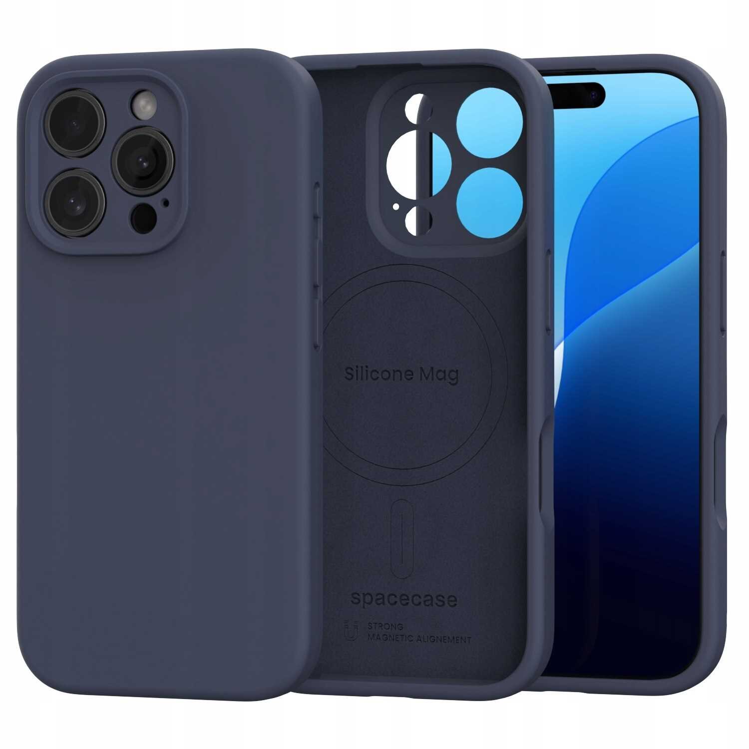 Na obrazie widoczne jest niebieskie silikonowe etui magnetyczne z trzema dużymi otworami na aparaty oraz napisem \'Silicone Mag\' i \'spacecase\' wewnątrz. Obok etui znajduje się telefon z niebieskim ekranem.