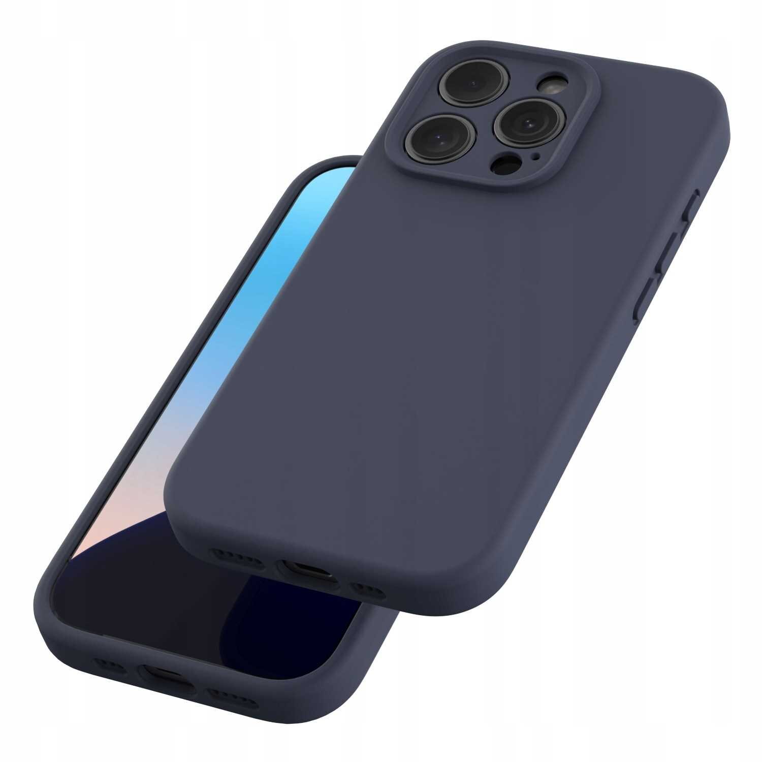 Na obrazie widoczne są dwa niebieskie silikonowe etui na telefon z trzema otworami na aparaty. Etui mają gładką powierzchnię i wycięcia na przyciski oraz porty.