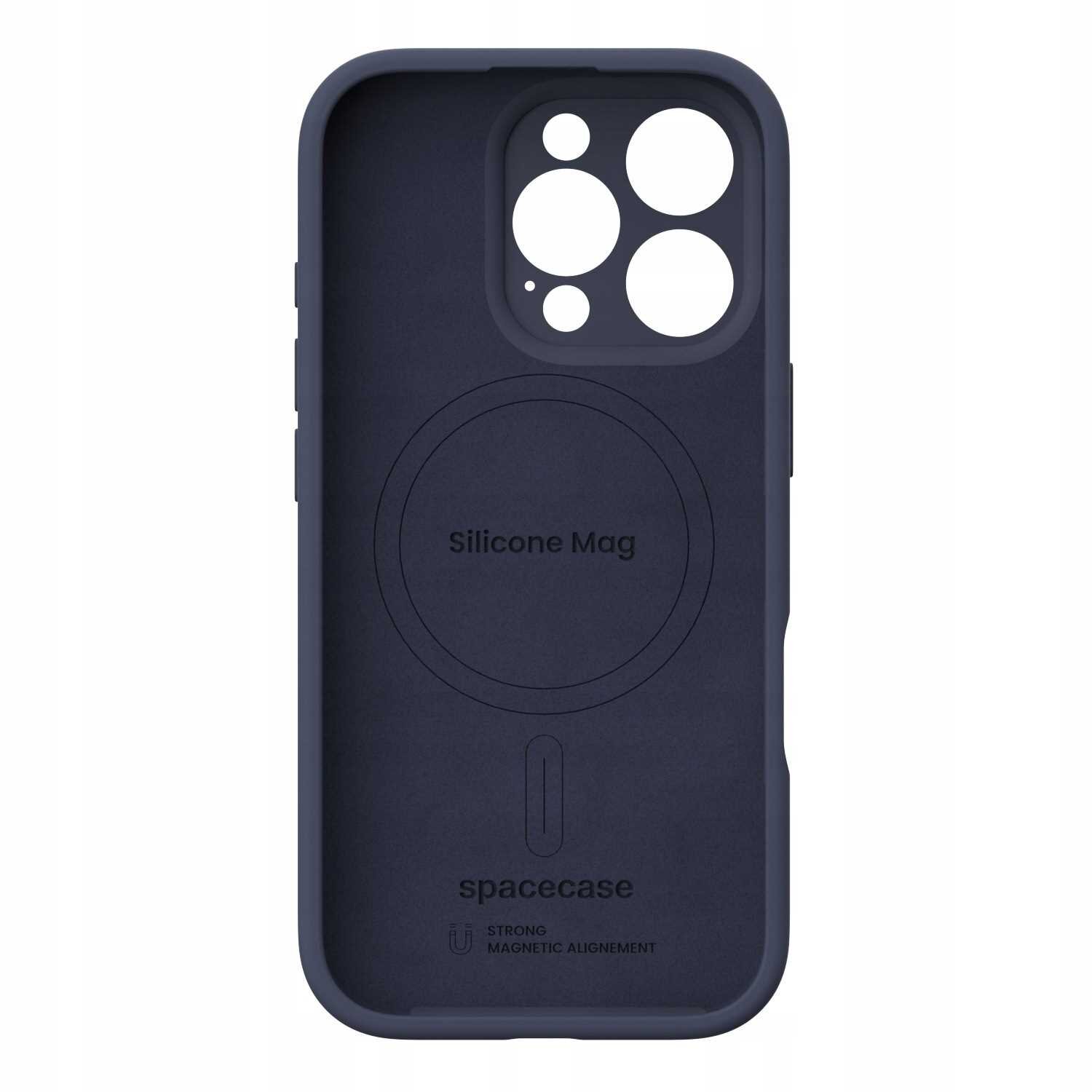 Niebieskie silikonowe etui z wycięciami na aparat i napisem \'Silicone Mag\' oraz \'spacecase\'.