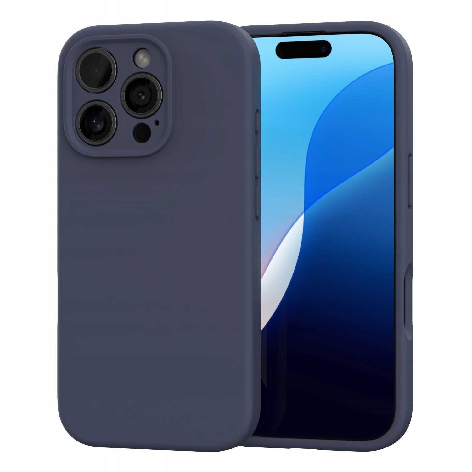 Na obrazie widoczne jest niebieskie silikonowe etui na telefon z trzema otworami na aparaty. Obok etui znajduje się telefon z wyświetlaczem pokazującym abstrakcyjny niebiesko-biały wzór.