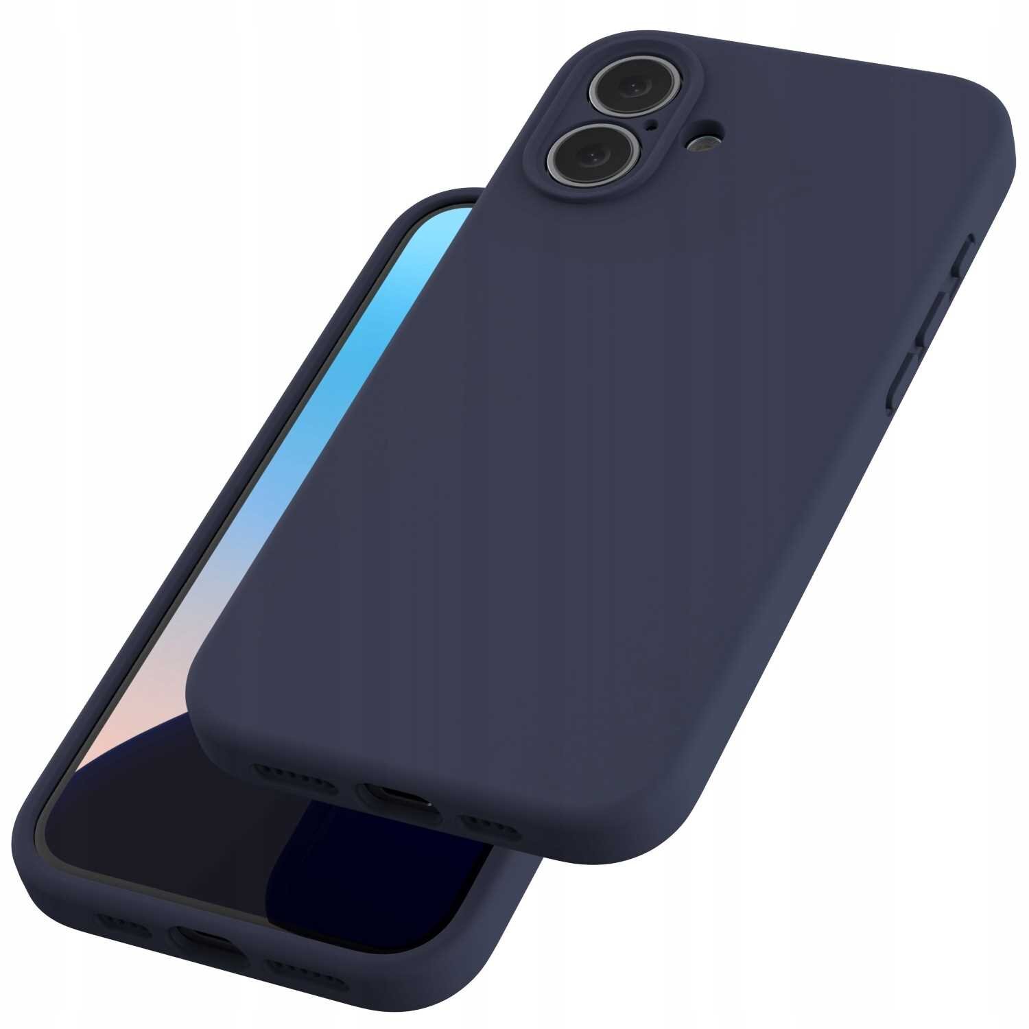Na obrazie widoczne jest niebieskie silikonowe etui na telefon z dwoma otworami na aparaty fotograficzne. Etui jest pokazane z przodu i z tyłu, prezentując jego gładką powierzchnię i wycięcia na przyciski oraz porty.