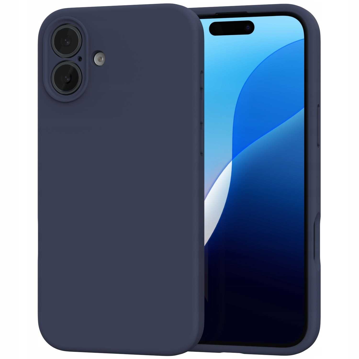 Niebieskie silikonowe etui na telefon z dwoma otworami na aparat i przyciskiem z boku. W tle widoczny ekran telefonu z niebieskim gradientem.