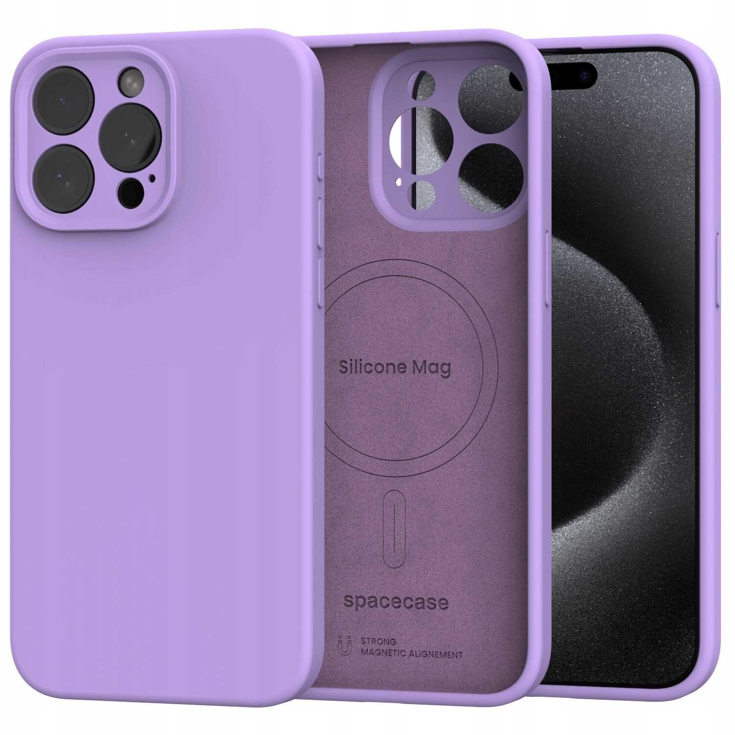 Fioletowe silikonowe etui magnetyczne z trzema otworami na aparat i napisem \'Silicone Mag\' oraz \'spacecase\' wewnątrz. Widoczny jest również symbol magnetyczny i napis \'STRONG MAGNETIC ALIGNMENT\'.