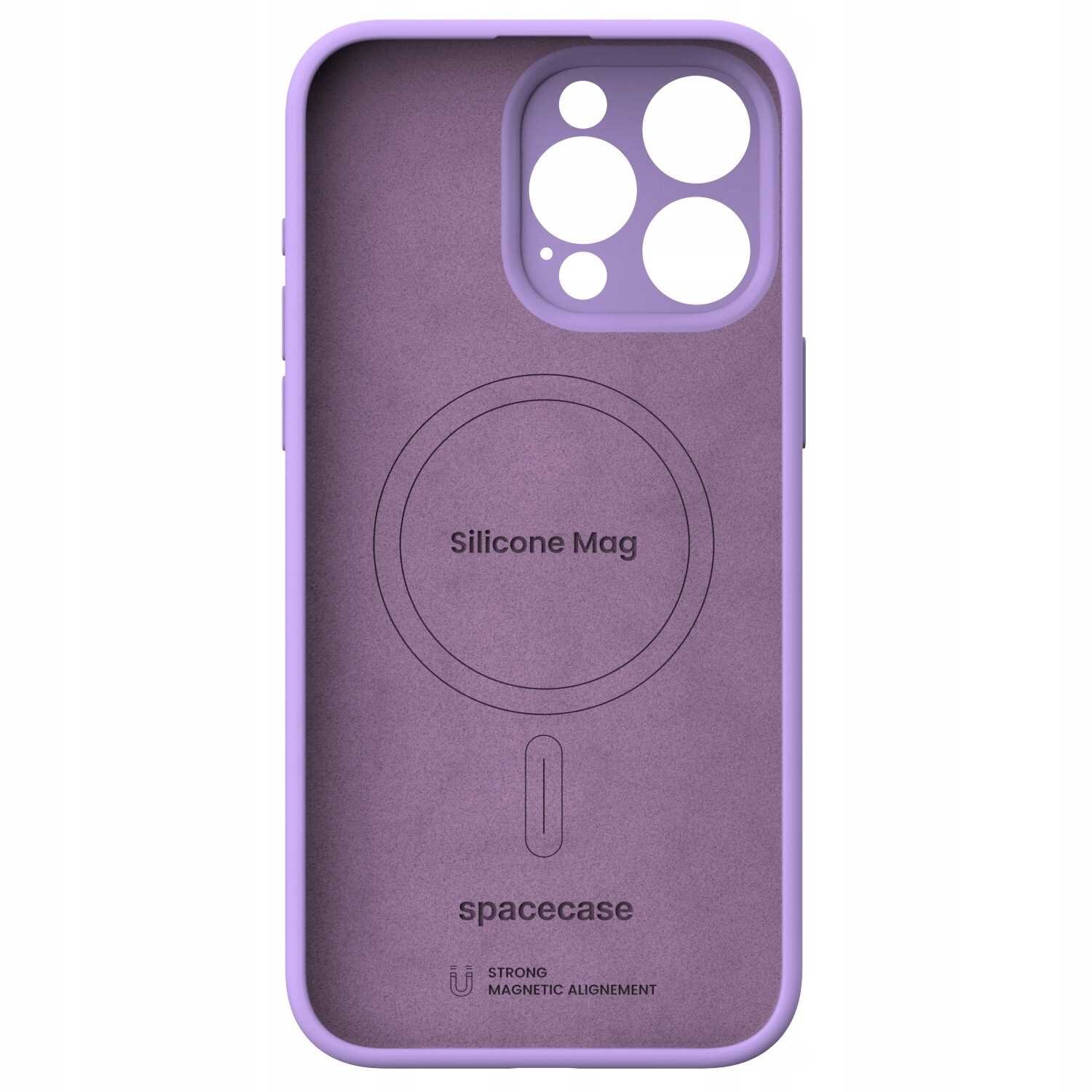 Fioletowe silikonowe etui z okrągłym wycięciem na aparat i napisem \'Silicone Mag\' oraz \'spacecase\'. Widoczny jest symbol magnetyczny i napis \'STRONG MAGNETIC ALIGNEMENT\'.
