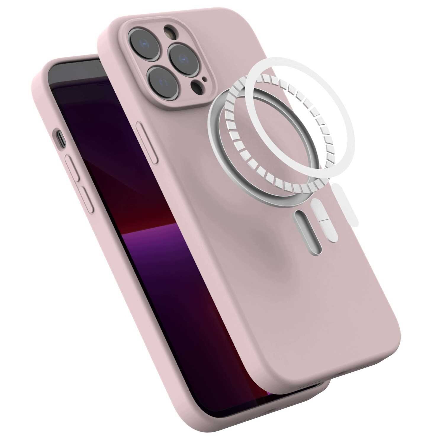 Różowe silikonowe etui magnetyczne z MagSafe do iPhone 13 Pro Max, z widocznym okrągłym elementem magnetycznym. Etui ma wycięcia na aparat i przyciski boczne.