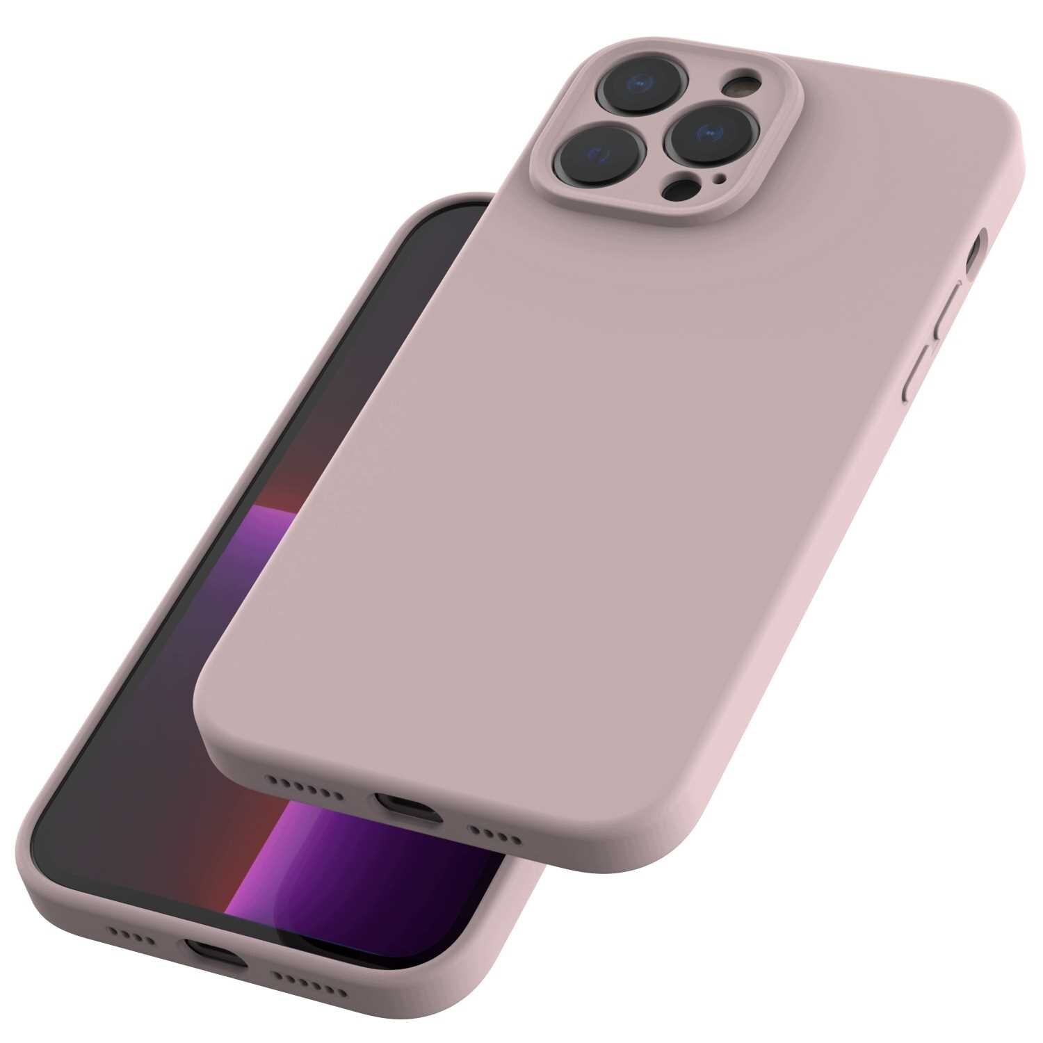 Różowe silikonowe etui na telefon z trzema otworami na aparaty i wycięciem na port ładowania. Etui jest pokazane na dwóch telefonach, z których jeden jest częściowo widoczny z ekranem w odcieniach fioletu.