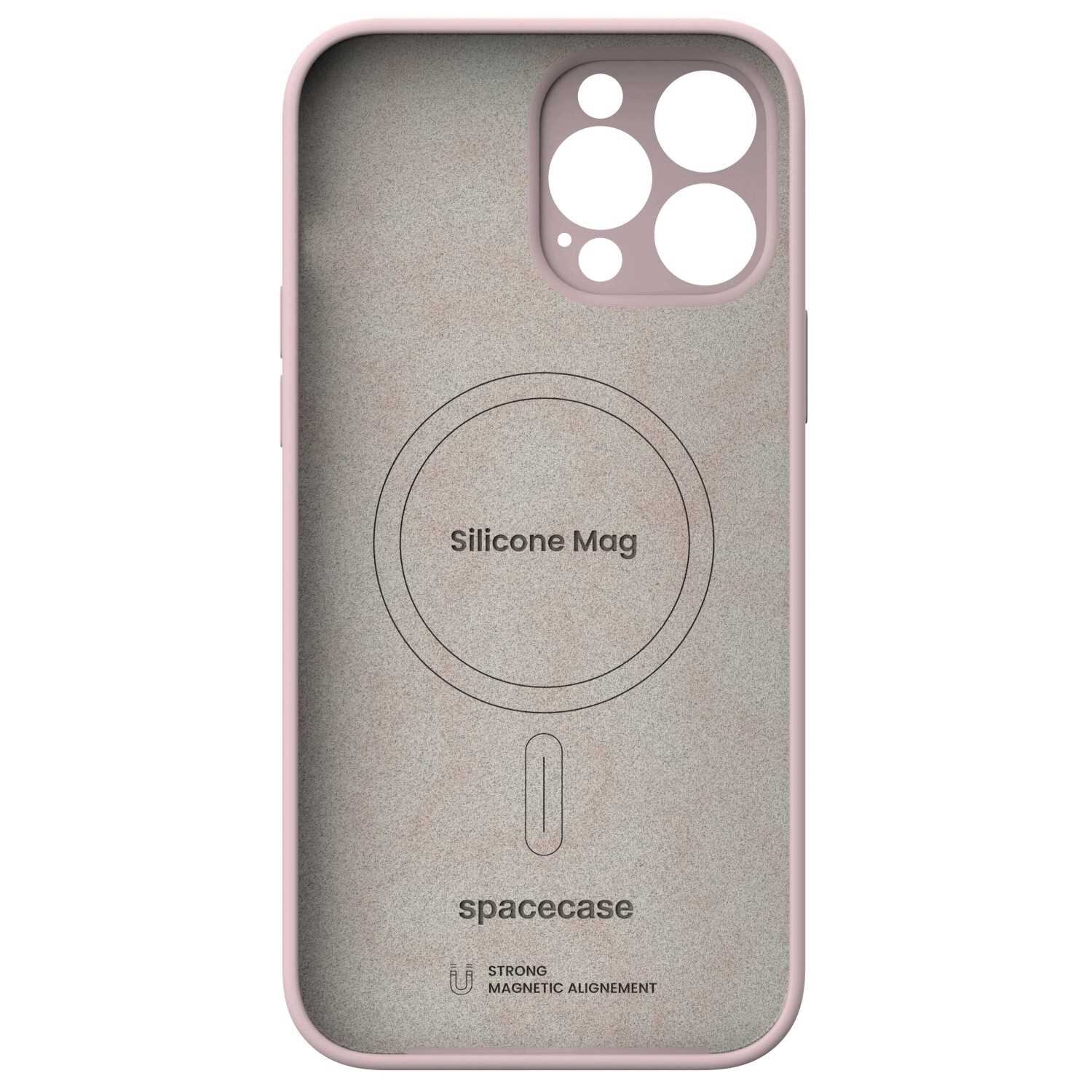 Różowe silikonowe etui z wycięciami na aparat i napisem \'Silicone Mag\' oraz \'spacecase\'.