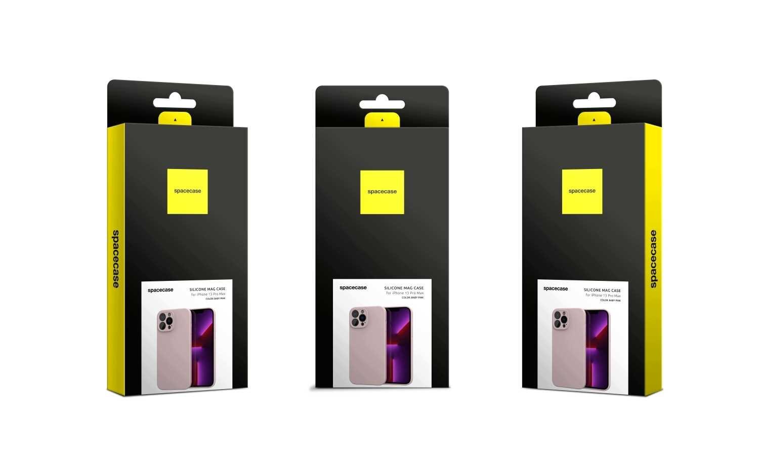 Trzy opakowania produktu z logo \'spacecase\' na czarnym tle z żółtymi elementami. Na każdym opakowaniu widoczny jest obrazek przedstawiający różowe etui na telefon.