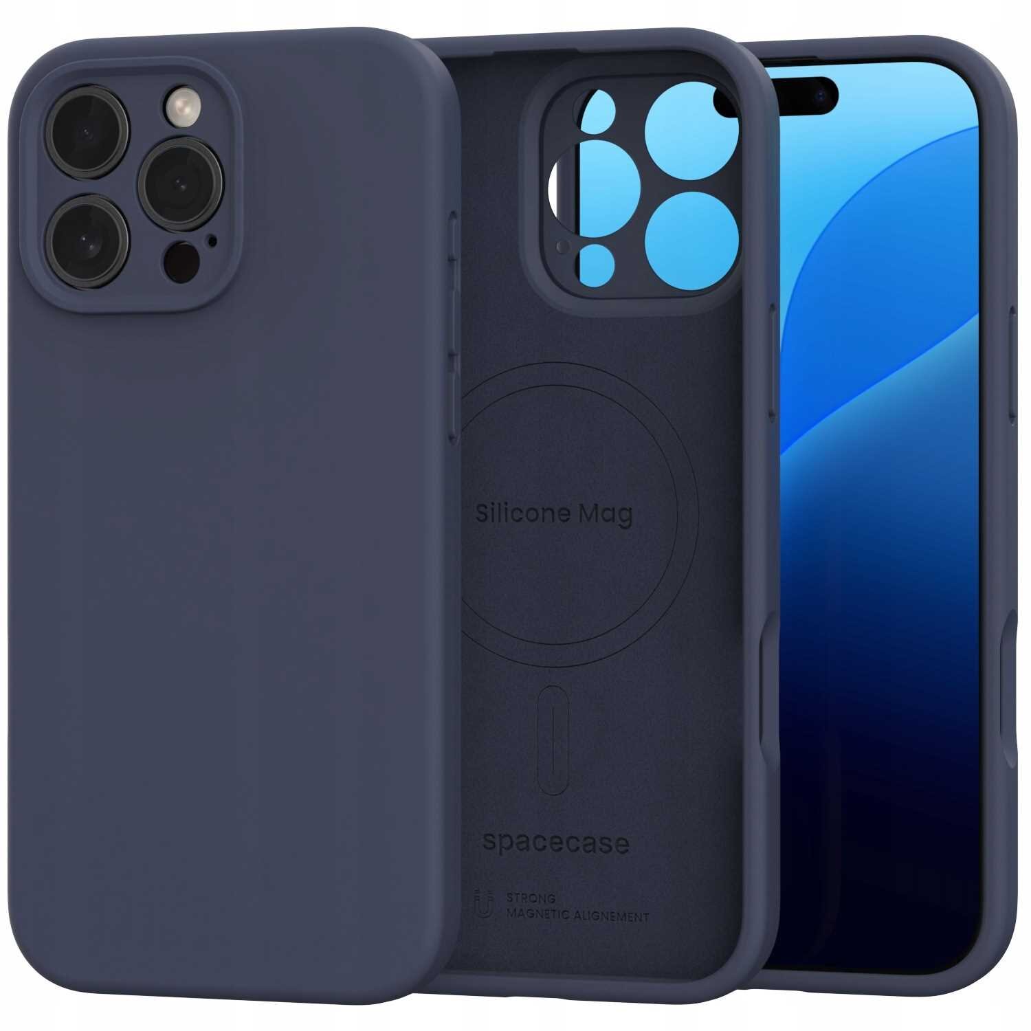 Na obrazie widoczne jest niebieskie silikonowe etui na telefon z trzema otworami na aparaty i napisem \'Silicone Mag\' oraz \'spacecase\'.