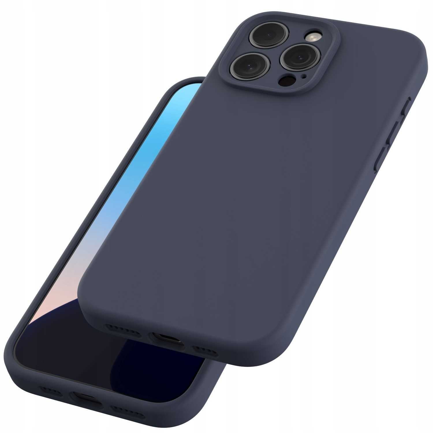 Na obrazie widoczne jest niebieskie silikonowe etui na telefon z trzema otworami na aparaty fotograficzne. Etui jest przeznaczone do iPhone 16 Pro Max i posiada funkcję MagSafe.