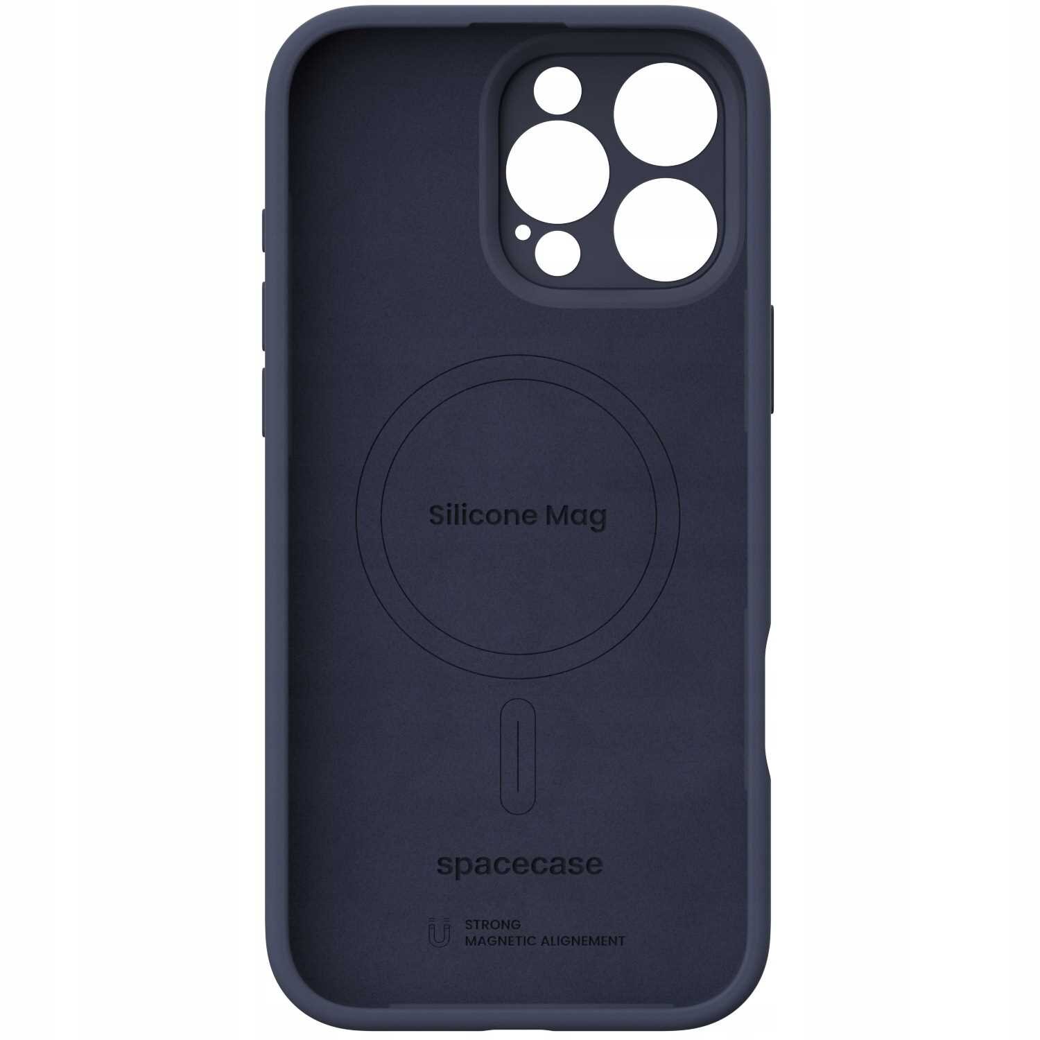 Niebieskie silikonowe etui z wycięciami na aparat i napisem \'Silicone Mag\' oraz \'spacecase\'.