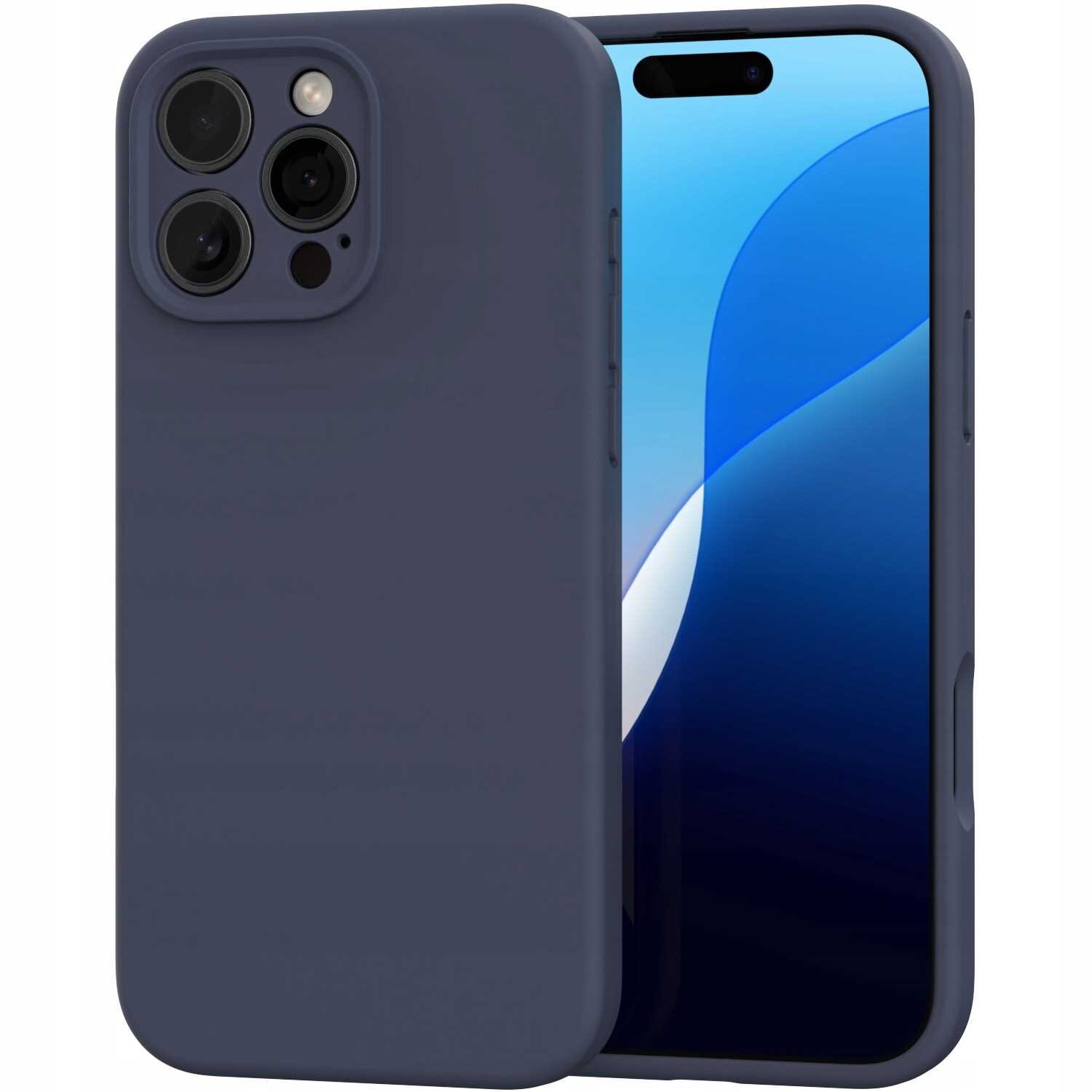 Na obrazie widoczne jest niebieskie silikonowe etui na telefon z trzema otworami na aparaty i przyciskiem z boku. Obok etui znajduje się telefon z wyświetlaczem pokazującym niebiesko-białą grafikę.