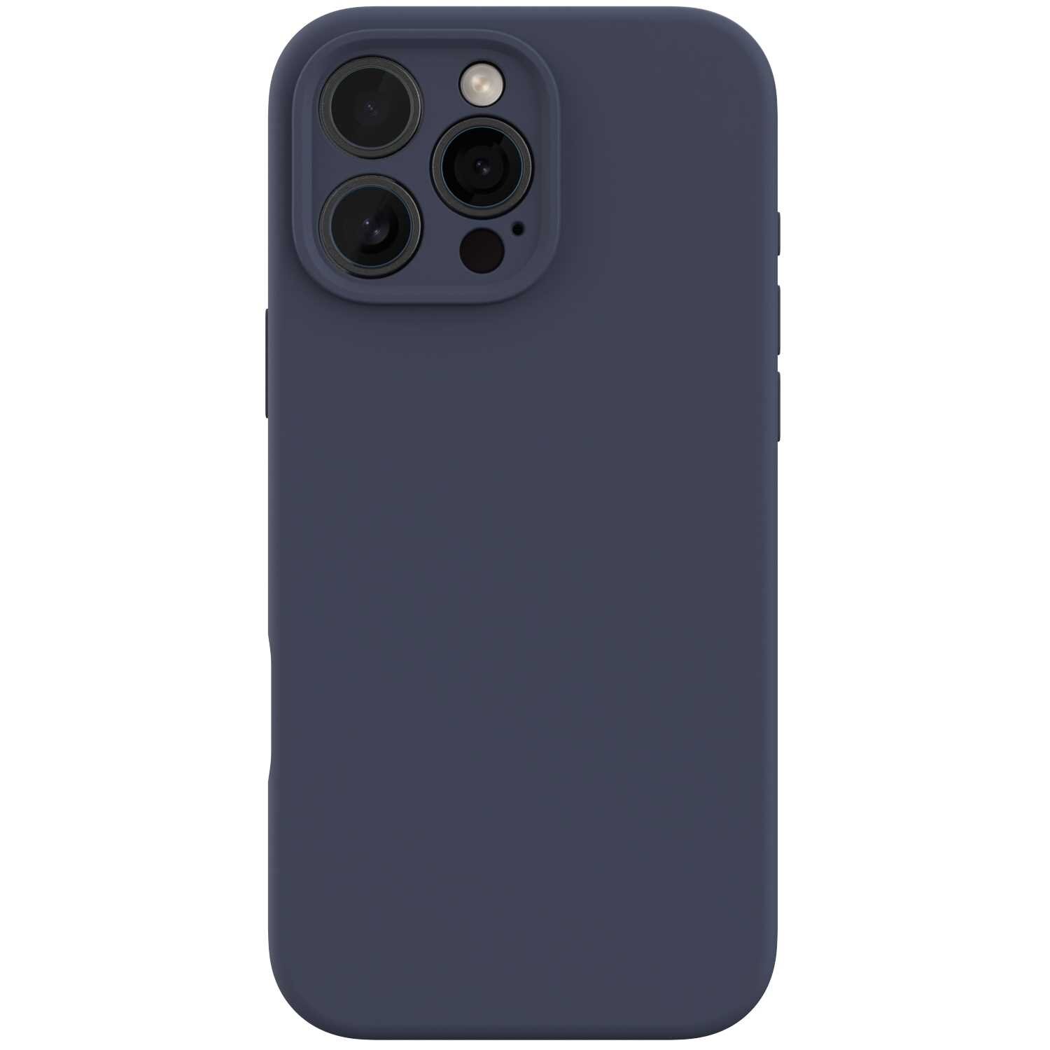 Niebieskie silikonowe etui na telefon z trzema otworami na aparaty i jednym na lampę błyskową.