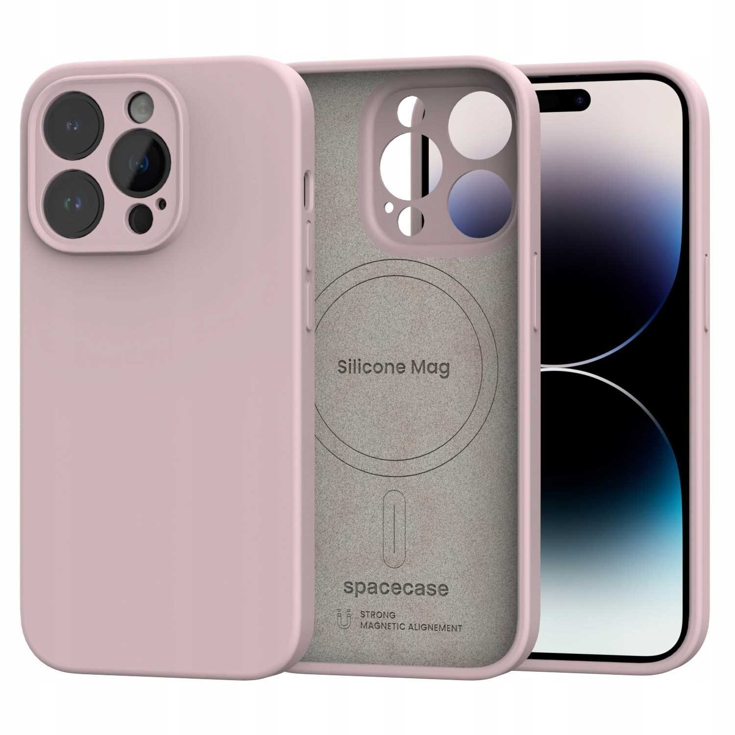 Różowe silikonowe etui magnetyczne z widocznym napisem \'Silicone Mag\' oraz logo \'spacecase\'. Etui jest przeznaczone do iPhone 14 Pro i posiada wycięcia na aparat oraz ekran.