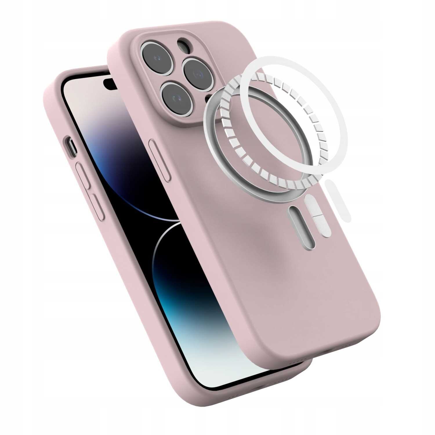 Różowe silikonowe etui magnetyczne z MagSafe do iPhone 14 Pro, z widocznymi trzema otworami na aparat i przyciskami bocznymi. Obok etui znajduje się schematyczny rysunek przedstawiający magnetyczny pierścień MagSafe.