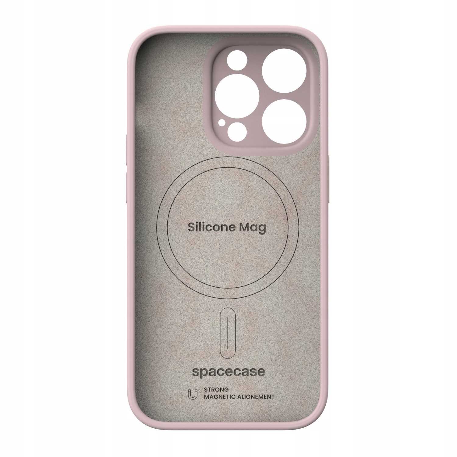 Różowe silikonowe etui z okrągłym wycięciem na aparat i napisem \'Silicone Mag\' oraz \'spacecase\'.