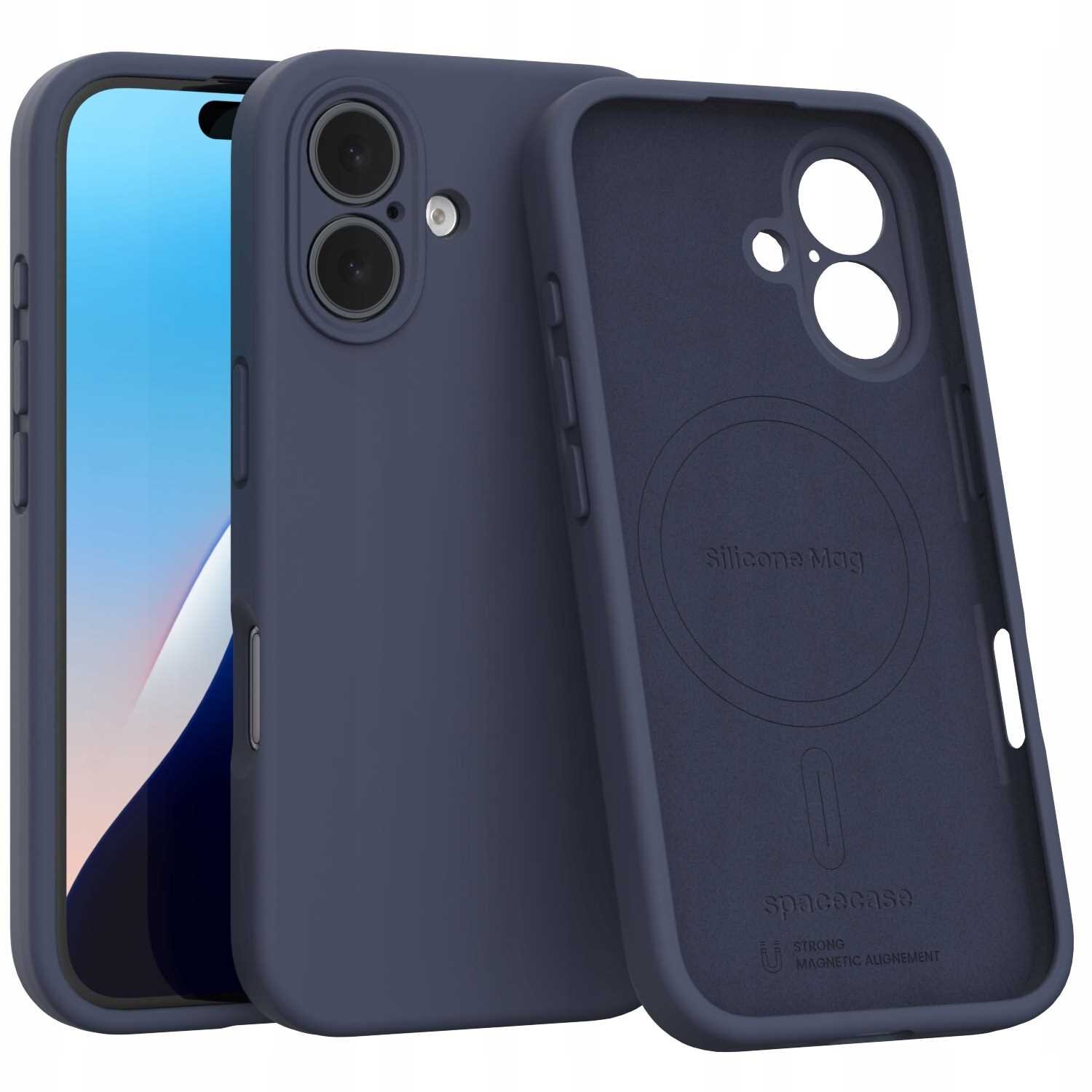 Niebieskie silikonowe etui magnetyczne z widocznymi wycięciami na aparat i przyciski. Na wewnętrznej stronie etui znajduje się napis \'Silicone Mag\' oraz logo \'spacecase\'.