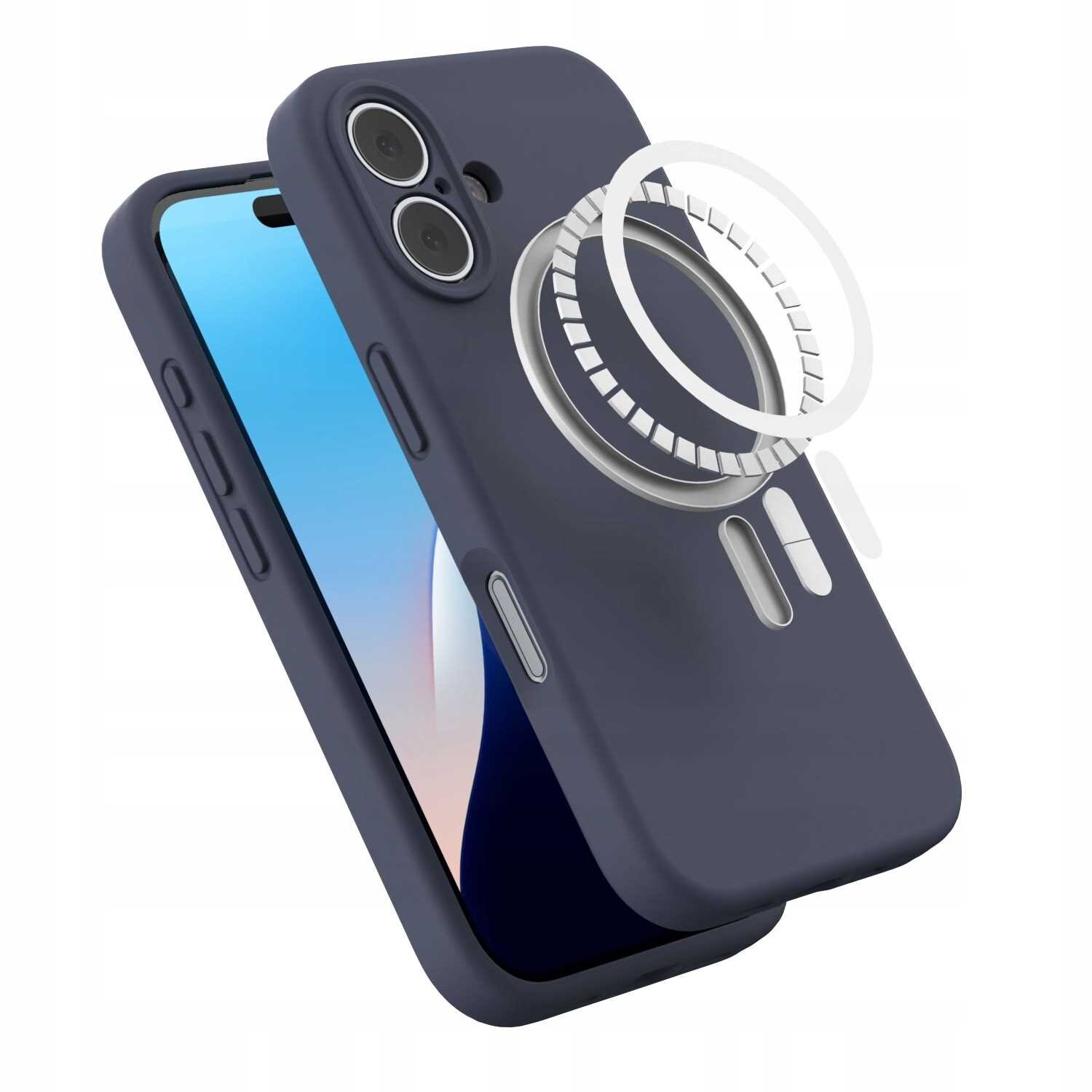 Na obrazie widoczne jest niebieskie silikonowe etui z funkcją MagSafe, przeznaczone do iPhone\'a. Etui posiada wycięcia na aparat i przyciski boczne.