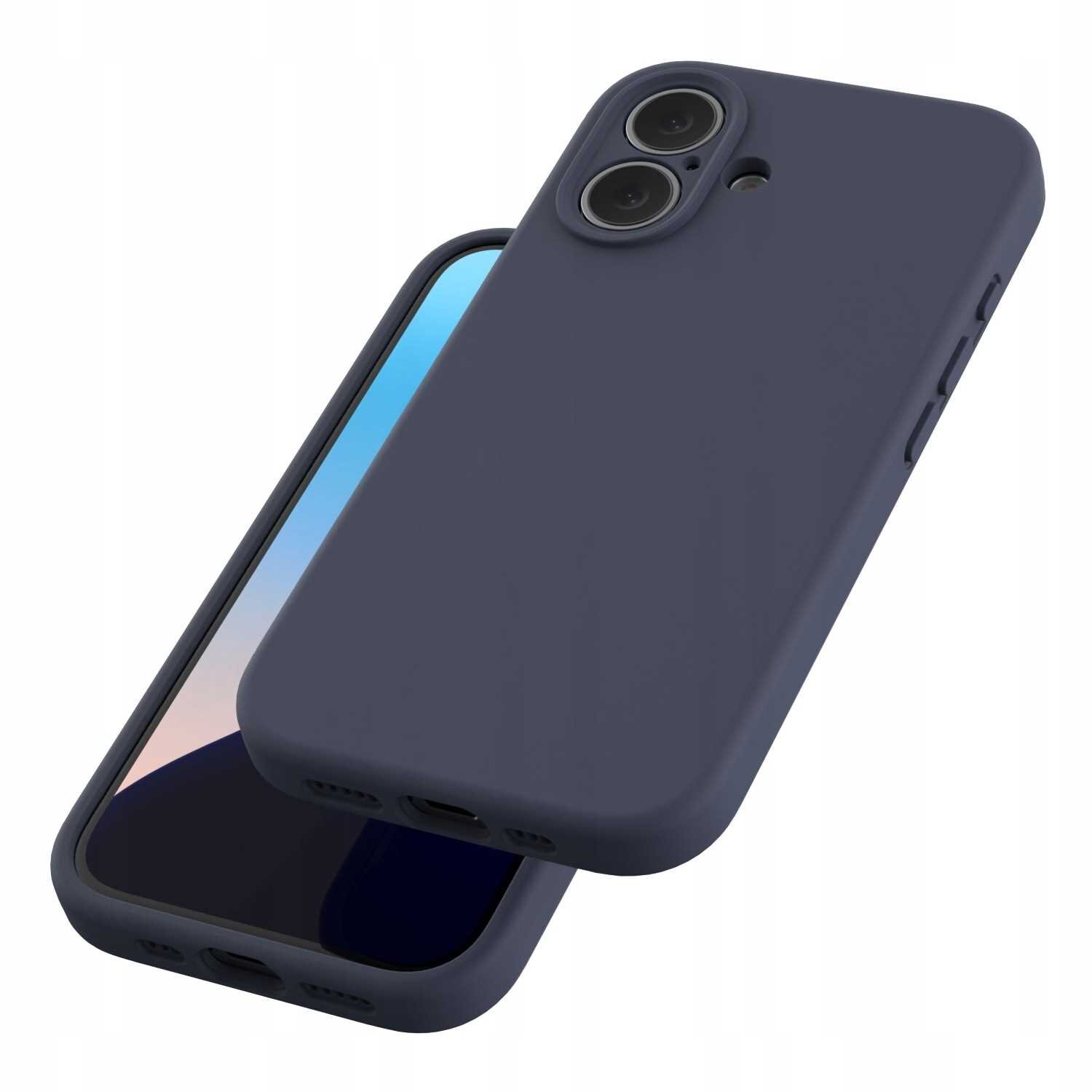 Na obrazie widoczne jest niebieskie silikonowe etui na telefon z dwoma otworami na aparaty. Etui ma gładką powierzchnię i wycięcia na przyciski oraz porty.