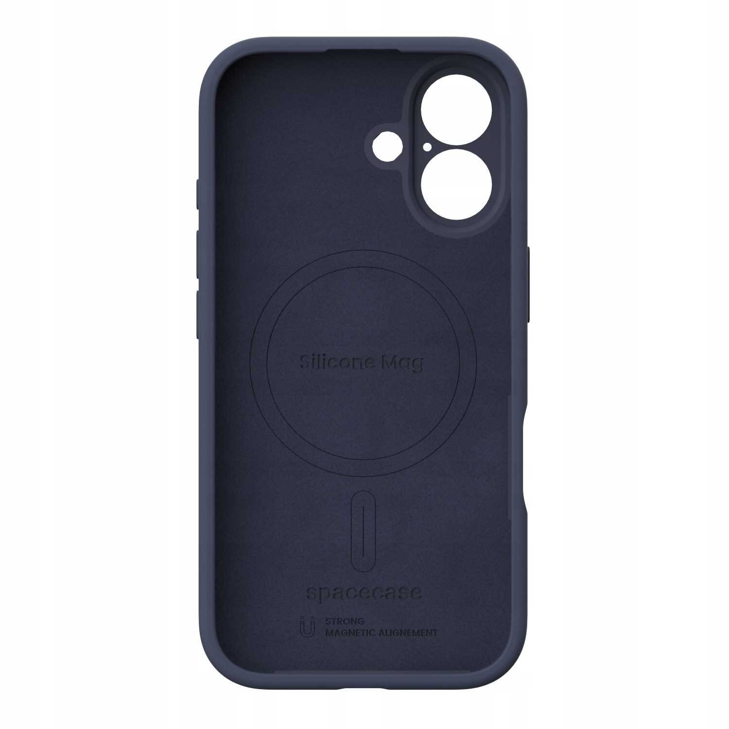 Niebieskie silikonowe etui z wycięciami na aparat i napisem \'Silicone Mag\' oraz \'spacecase\'.