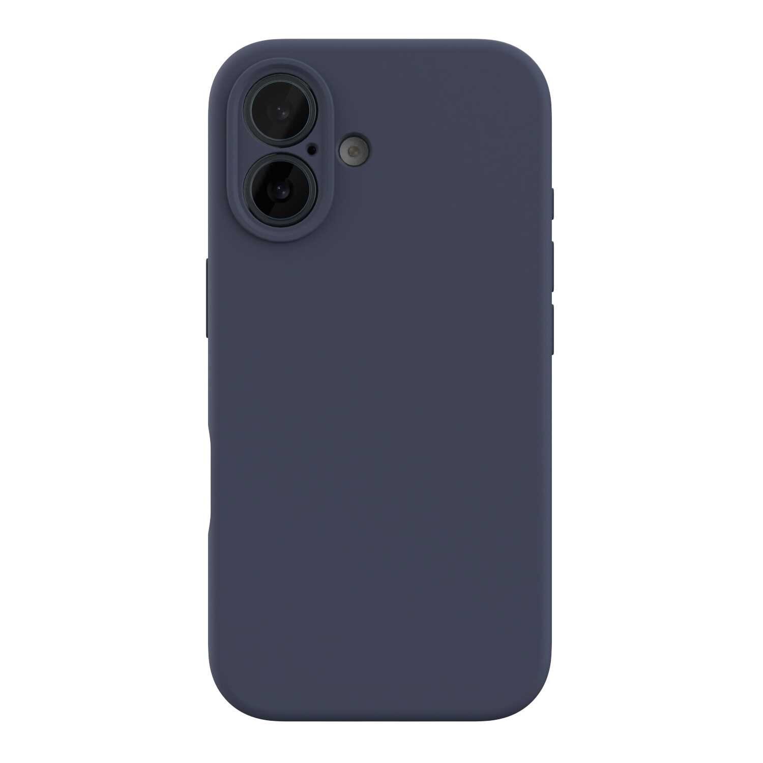 Niebieskie silikonowe etui z dwoma otworami na aparat i jednym na lampę błyskową, przeznaczone do iPhone\'a.