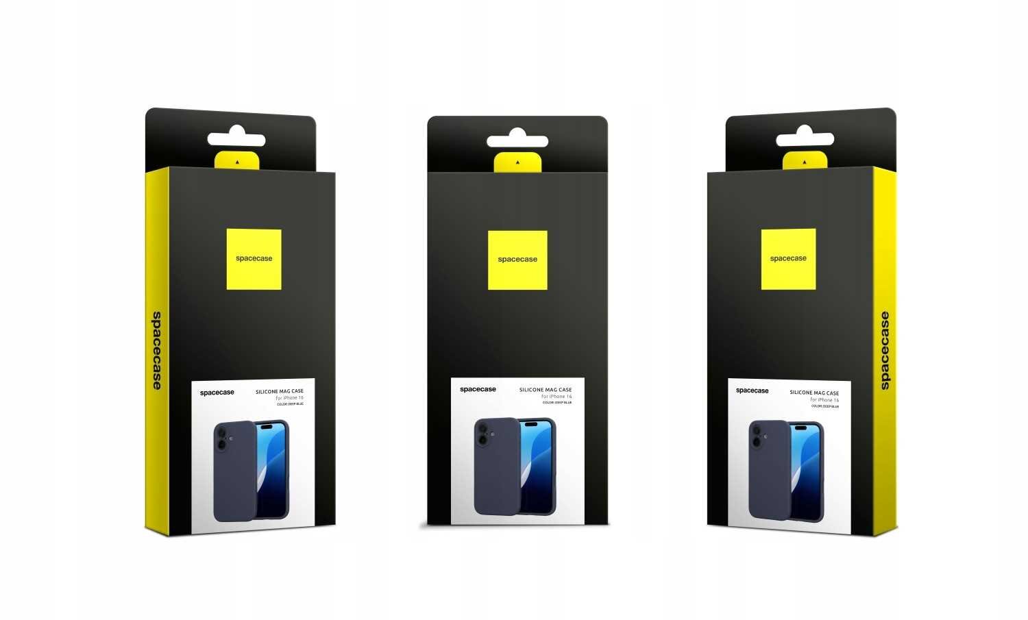 Trzy opakowania produktu z logo \'spacecase\' na żółtym tle, zawierające zdjęcie niebieskiego etui na telefon. Na opakowaniu widnieje napis \'SILICONE MAG CASE\'.