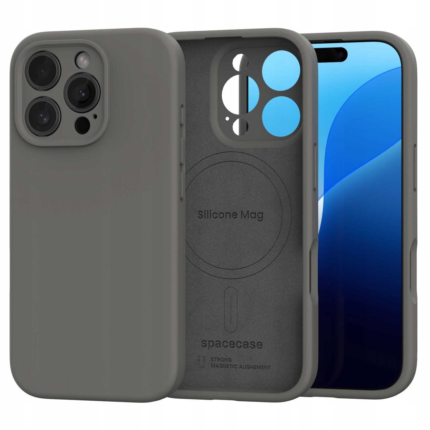 Silikonowe etui magnetyczne w kolorze szarym z widocznym napisem \'Silicone Mag\' oraz logo \'spacecase\'. Etui jest przeznaczone do iPhone 16 Pro i posiada wycięcia na aparat oraz ekran.