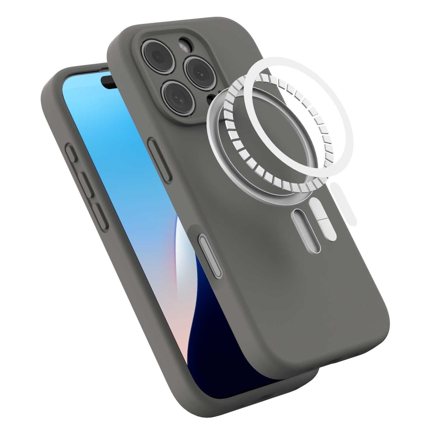 Szare silikonowe etui magnetyczne z widocznym pierścieniem MagSafe, przeznaczone do iPhone 16 Pro. Etui posiada wycięcia na aparat i przyciski boczne.