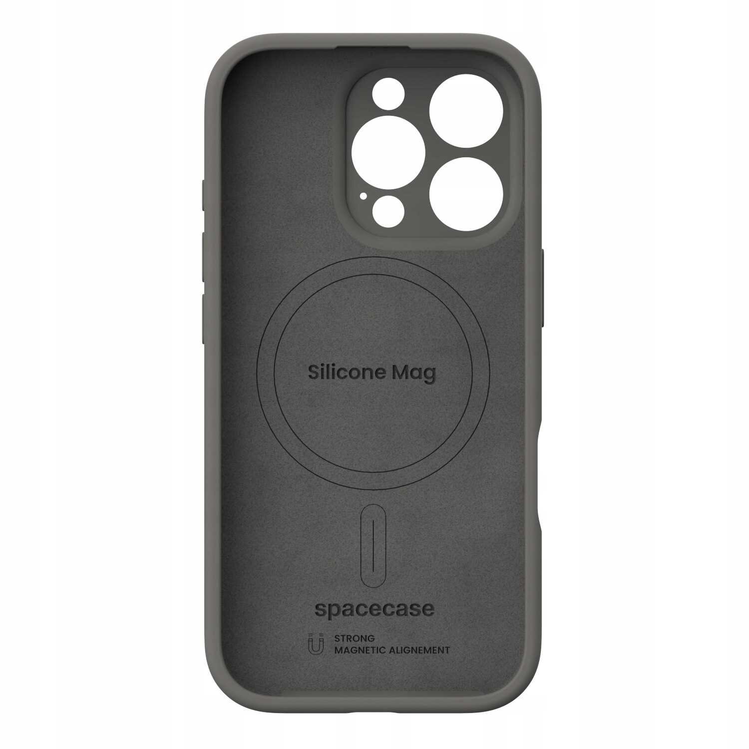Szare silikonowe etui z wycięciami na aparat i napisem \'Silicone Mag\' oraz \'spacecase\'. Widoczne jest także logo z napisem \'STRONG MAGNETIC ALIGNEMENT\'.