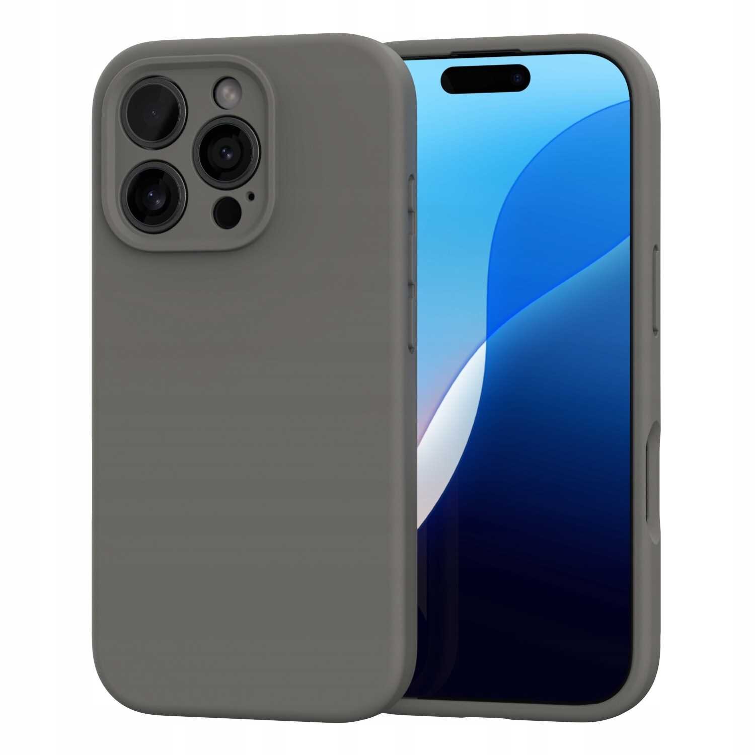 Szare silikonowe etui na telefon z trzema widocznymi aparatami i przyciskami bocznymi. Obok etui znajduje się telefon z wyświetlaczem pokazującym niebiesko-białą grafikę.