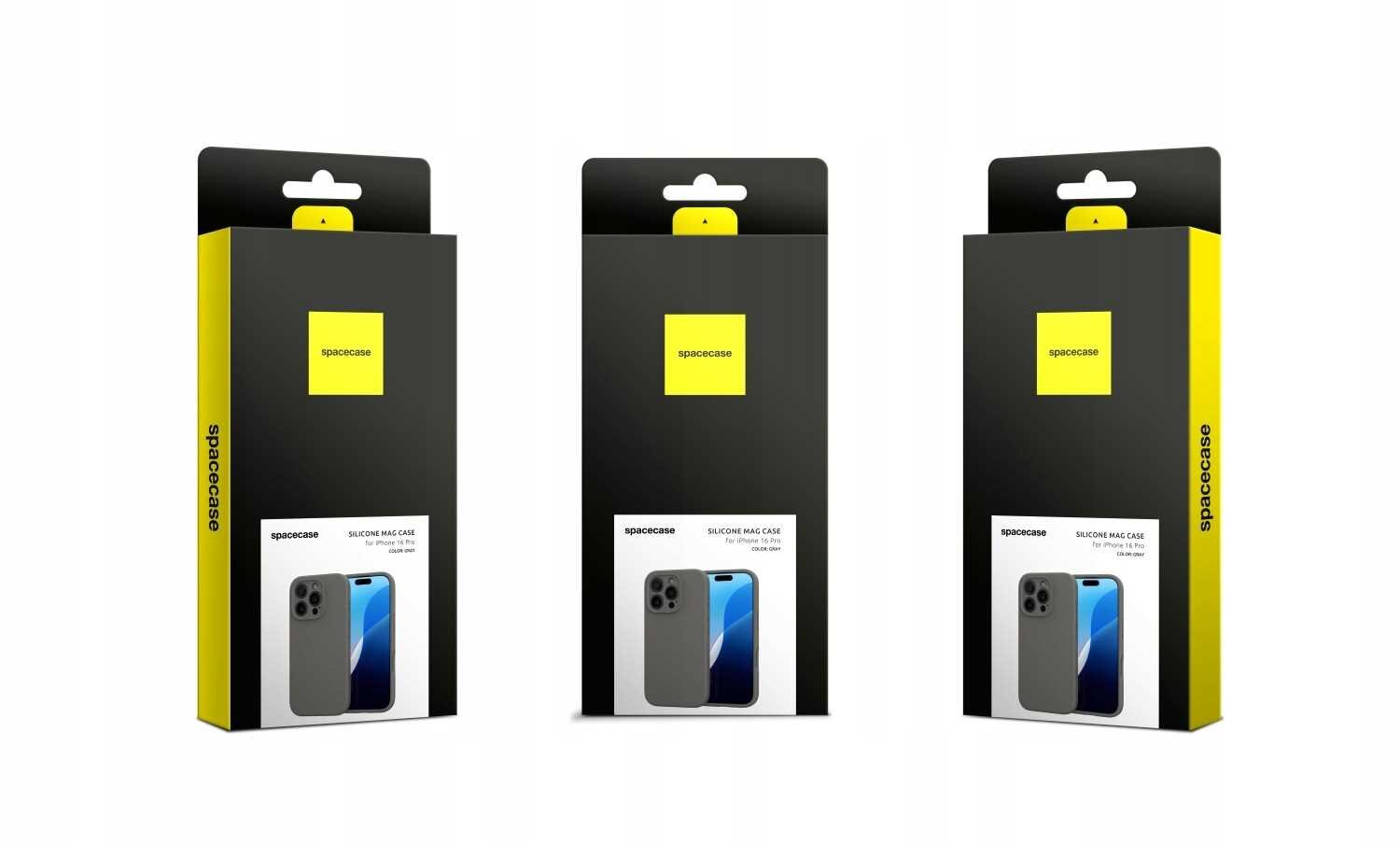 Trzy opakowania produktu z logo \'spacecase\' na czarnym tle z żółtym akcentem. Na każdym opakowaniu widoczny jest obrazek szarego etui na telefon oraz napis \'SILICONE MAG CASE\'.