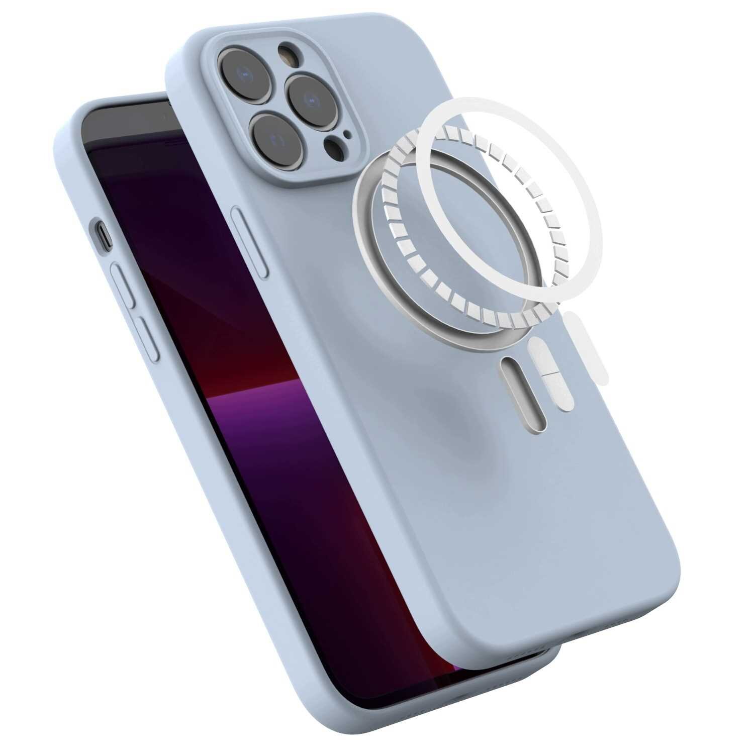 Niebieskie silikonowe etui magnetyczne z MagSafe do iPhone 13 Pro Max. Etui posiada wycięcia na aparat i przyciski oraz widoczny okrągły element magnetyczny.