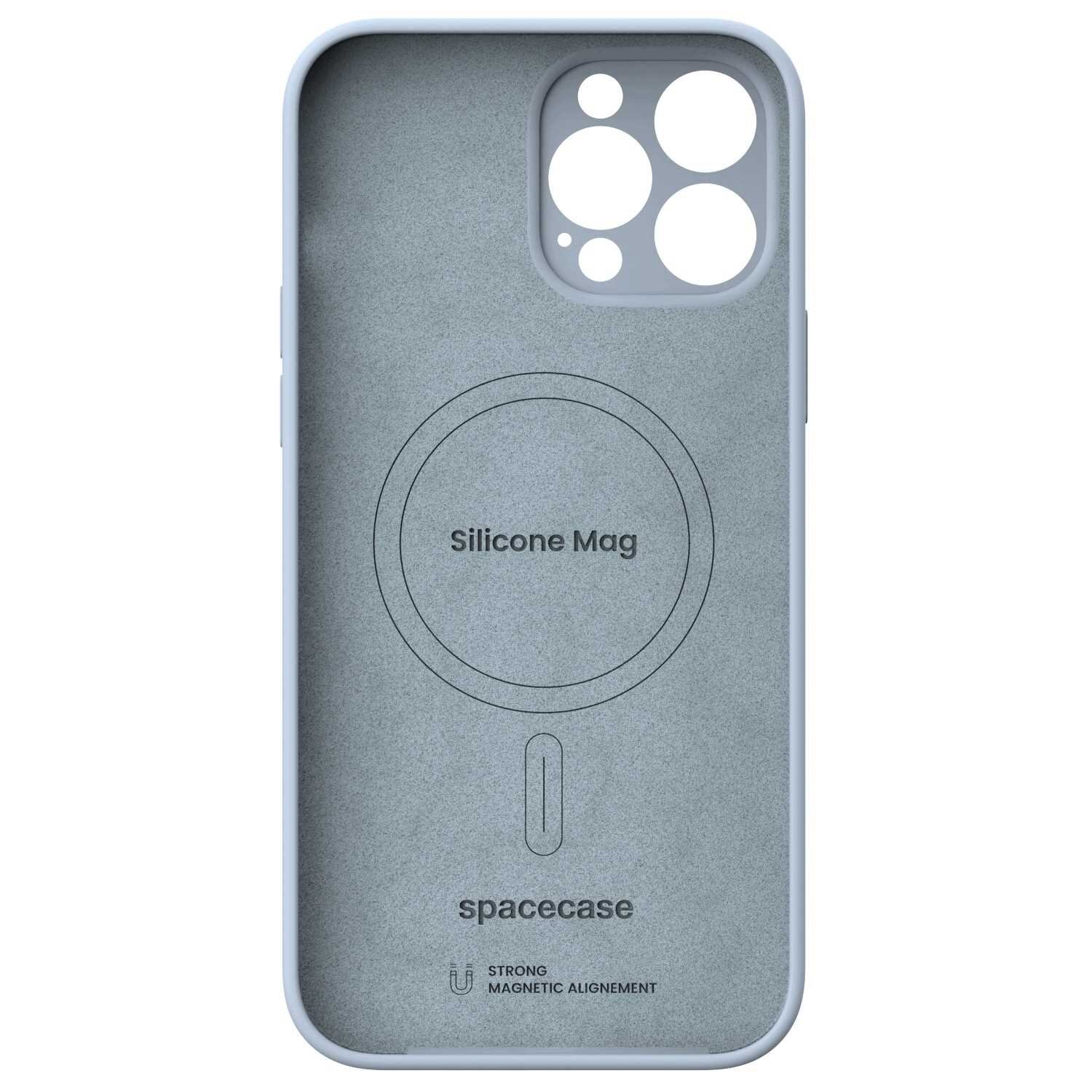 Silikonowe etui magnetyczne w kolorze niebieskim z wycięciami na aparat i napisem \'Silicone Mag\' oraz \'spacecase\'.
