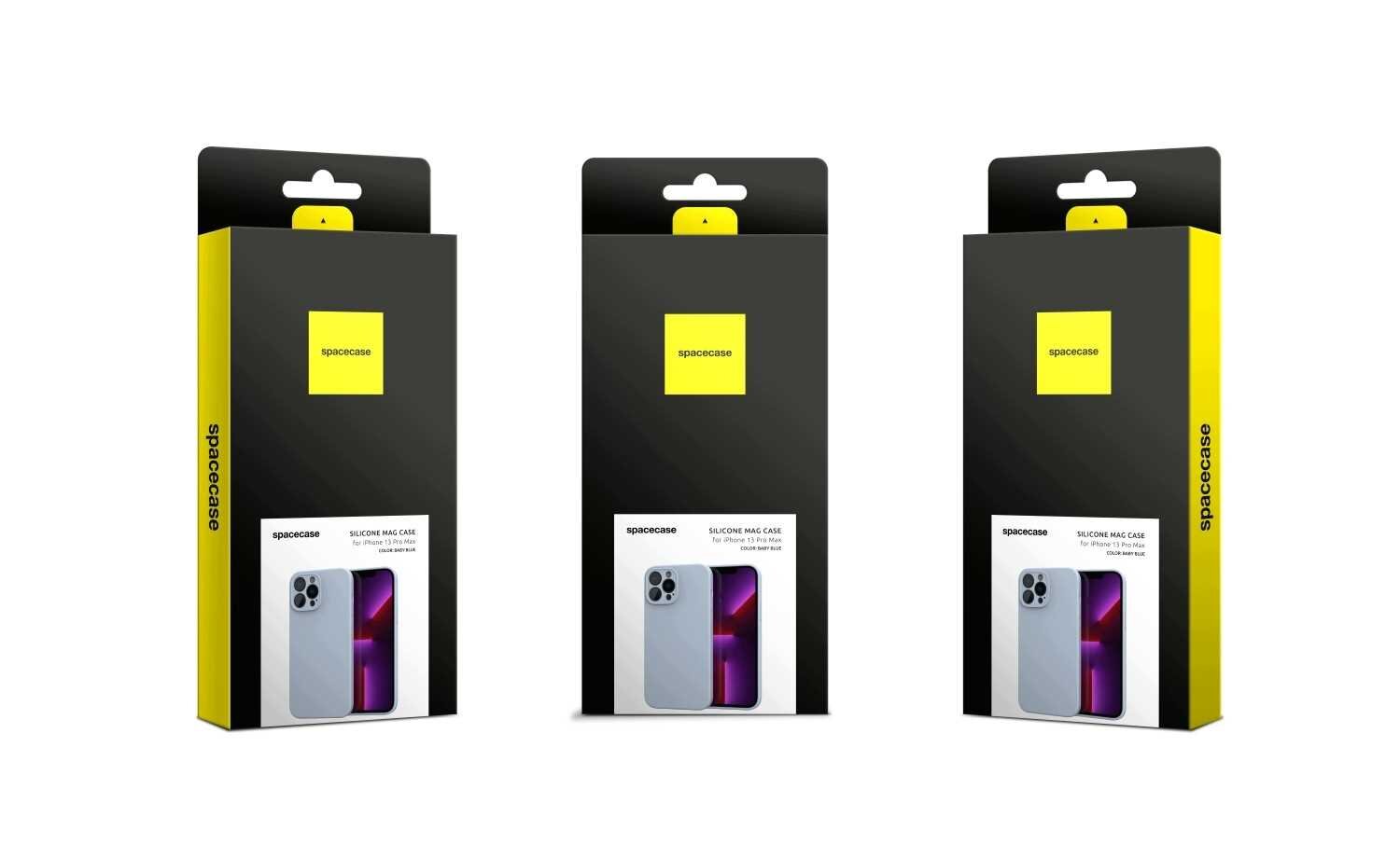 Trzy opakowania produktu SPACECASE Silicone Mag Case do iPhone 13 Pro Max w kolorze niebieskim. Na każdym opakowaniu widoczny jest obrazek telefonu z etui oraz logo \'spacecase\'.