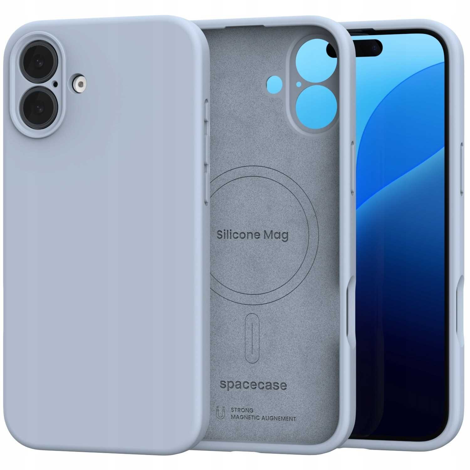 Na obrazie widoczne jest silikonowe etui w kolorze niebieskim, przeznaczone do telefonu. Wewnątrz etui znajduje się napis \'Silicone Mag\' oraz \'spacecase\', a także symbol wskazujący na magnetyczne dopasowanie.