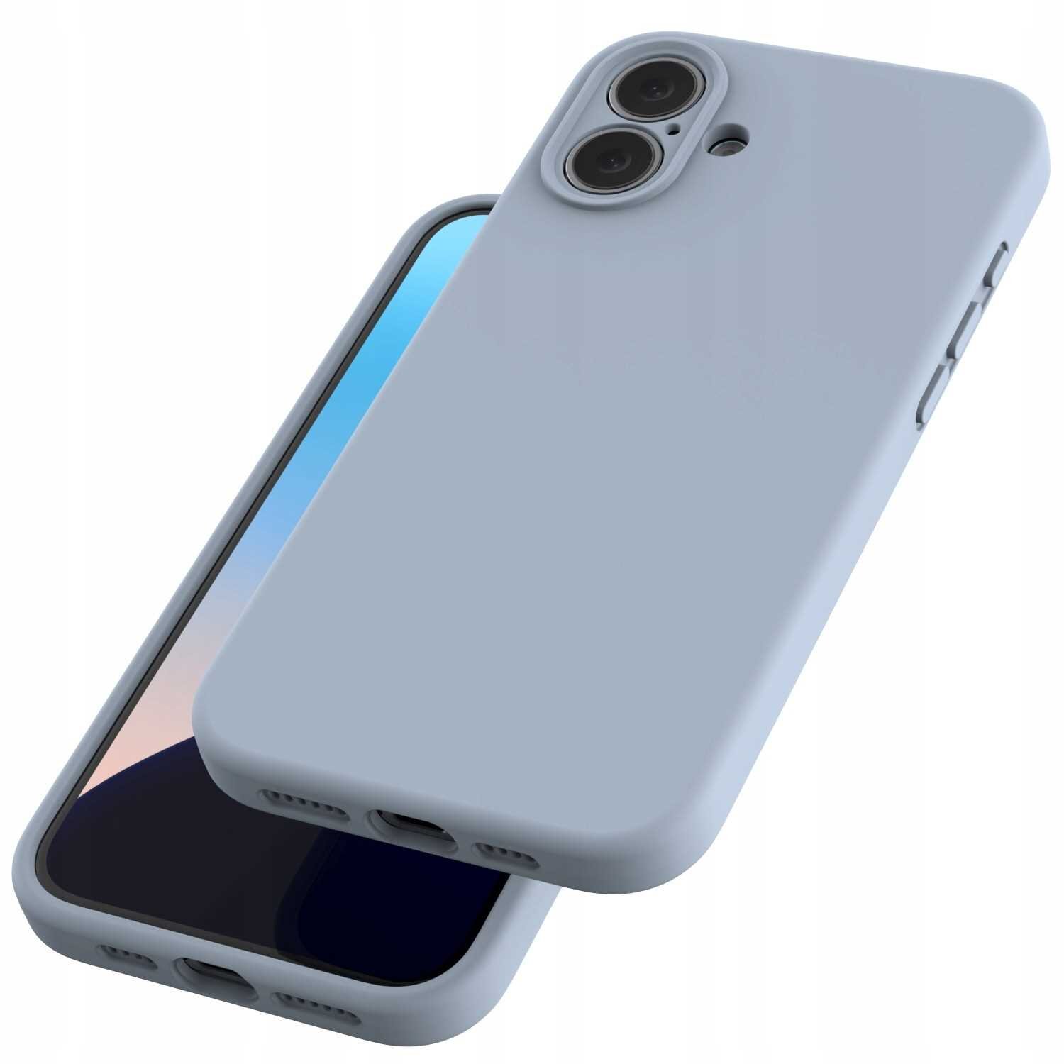 Na obrazie widoczne jest niebieskie silikonowe etui na telefon z dwoma otworami na aparaty fotograficzne. Etui jest pokazane z przodu i z tyłu, z widocznymi przyciskami bocznymi i otworami na porty.