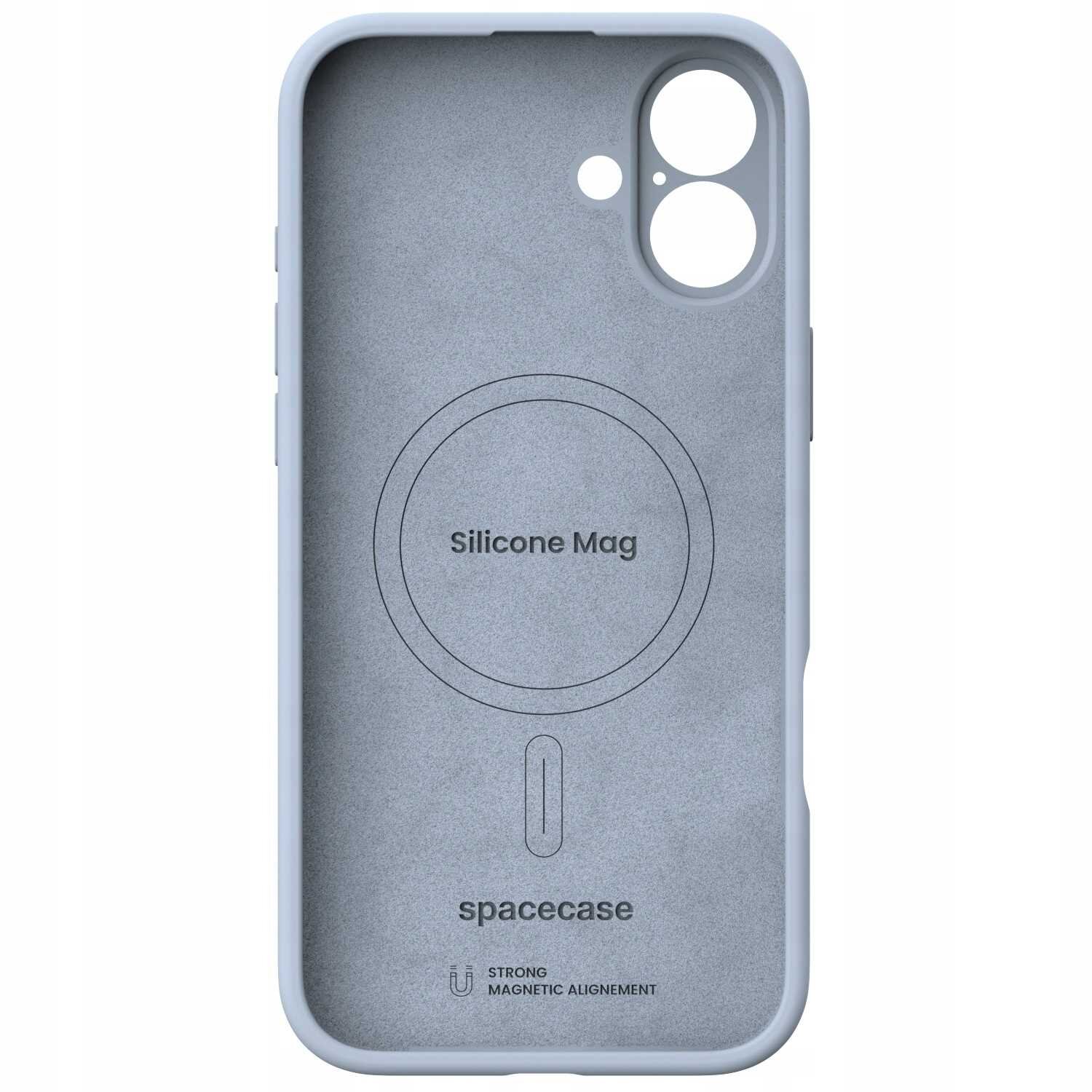 Silikonowe etui w kolorze niebieskim z okrągłym wzorem na środku i napisem \'Silicone Mag\'. Na dole widoczne jest logo \'spacecase\' oraz napis \'STRONG MAGNETIC ALIGNEMENT\'.